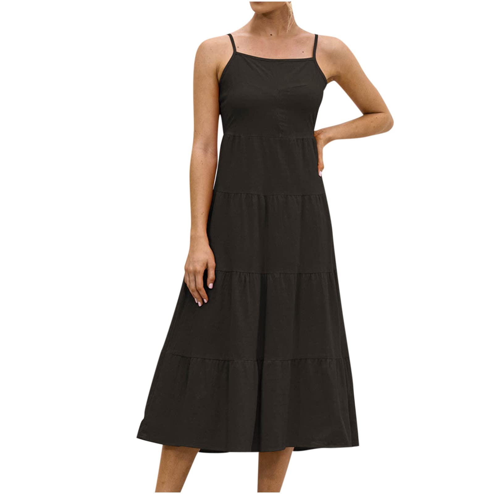 Women's Summer Sundresses 2022 - Casual Square Neck Sling Open Back Lace Slim Fit Maxi Dress with Solid & Plaid Print | Beach Cover Up, Loose Waist Long Dress for Vacation, Pool Party and Outdoor Activities