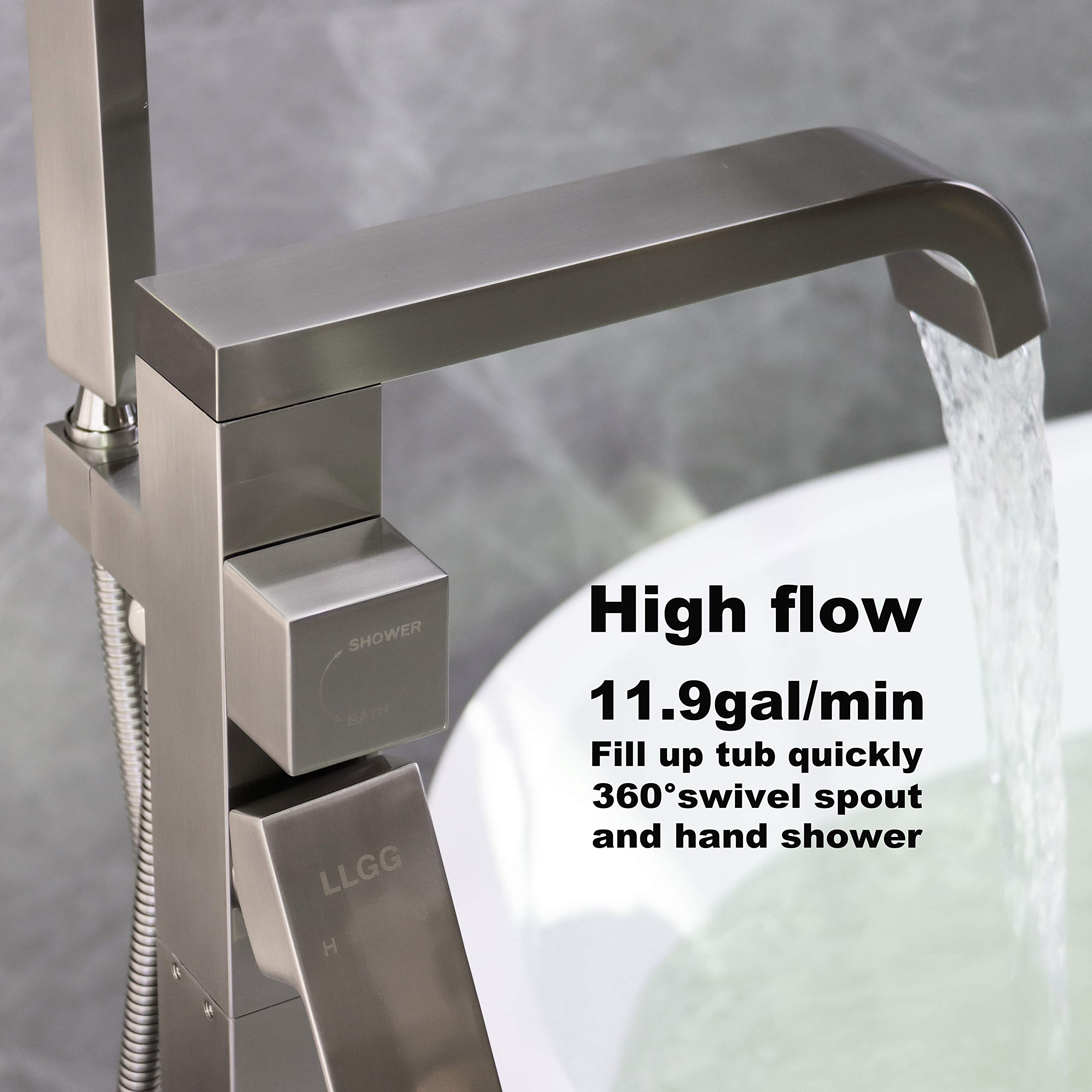 High Flow Freestanding Bathtub Faucet - Brushed Nickel Floor Mount Tub Filler with Hand Shower (11.9 GPM) - Perfect for Modern Bathrooms, Spa-Like Relaxation & Luxury Home Renovations