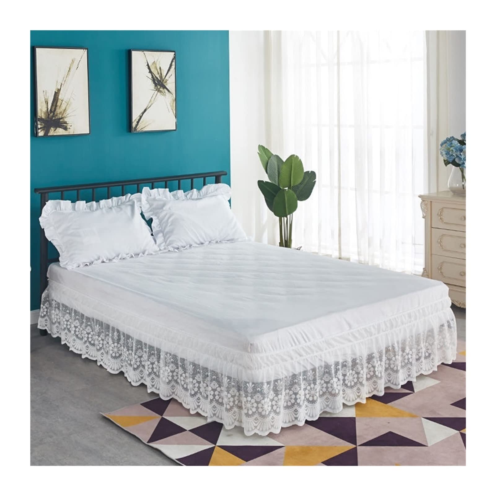 Elegant Tulle Lace Trimmed Elastic Pleated Bed Skirt with Ruffles - Dust & Wrinkle Resistant, Easy Fit Wrap Around Design for Twin/Full/Queen/King Size Beds | Perfect for Master Bedrooms, Guest Rooms & Hotel Decor