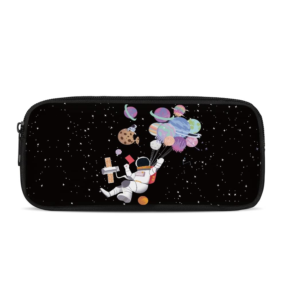 Freewander Multifunctional Pencil Holder & Makeup Organizer - Minimalist Single Compartment Zipper Pouch for School, Office & Travel - Classic Black Starry Sky Astronaut Design - Perfect for Students, Artists & Professionals