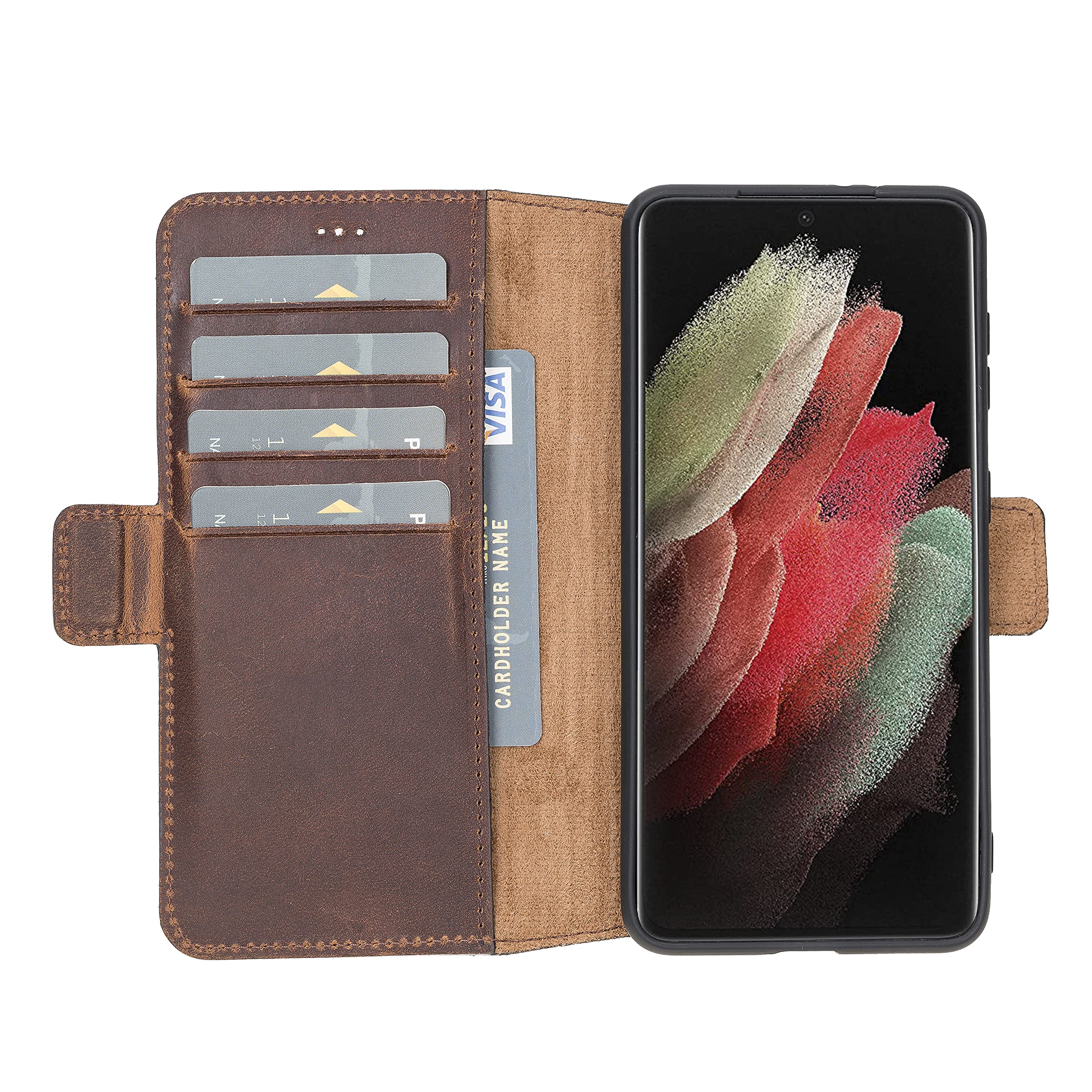 Premium Full Grain Leather Samsung Galaxy S21 Wallet Case - Magnetic Flip Cover with Card Holder & Kickstand | Slim Protective Folio Phone Case for Men & Women | Perfect for Work, Travel & Everyday Use (Antique Brown)