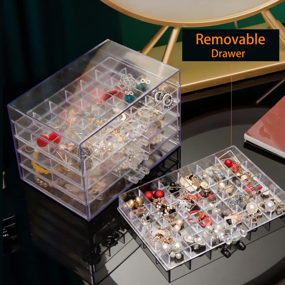 Clear Acrylic Jewelry Box with 5 Drawers - Earring Storage Organizer & Display Case with Compartment Trays - Transparent Jewelry Holder for Earrings, Necklaces, Rings & Bracelets - Perfect for Bedroom, Closet & Travel Organization