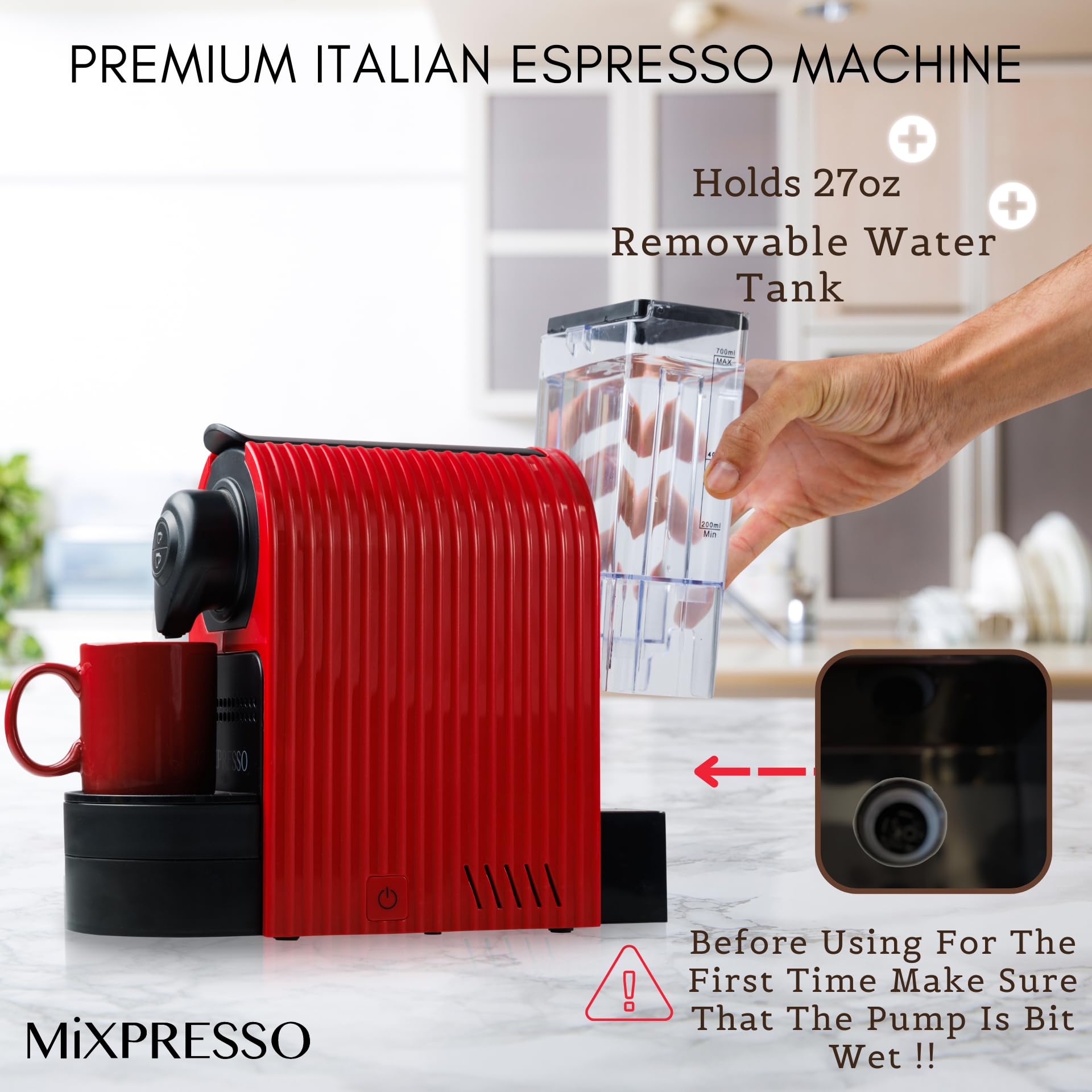 Mixpresso Espresso Machine for Nespresso Compatible Capsules - 19 Bar Italian Coffee Maker with Programmable Single Serve & High Pressure Pump (1400W, 27oz, Red) - Perfect for Home, Office, and Small Kitchen Use