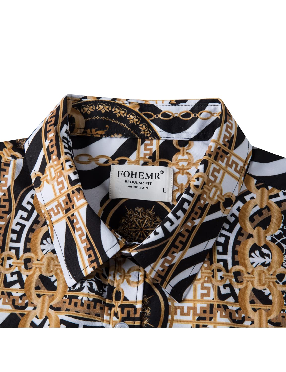 Luxury Men's Black & Gold Baroque Print Short Sleeve Dress Shirt - Chain Design Button Down Casual Shirt for Business, Party & Special Occasions