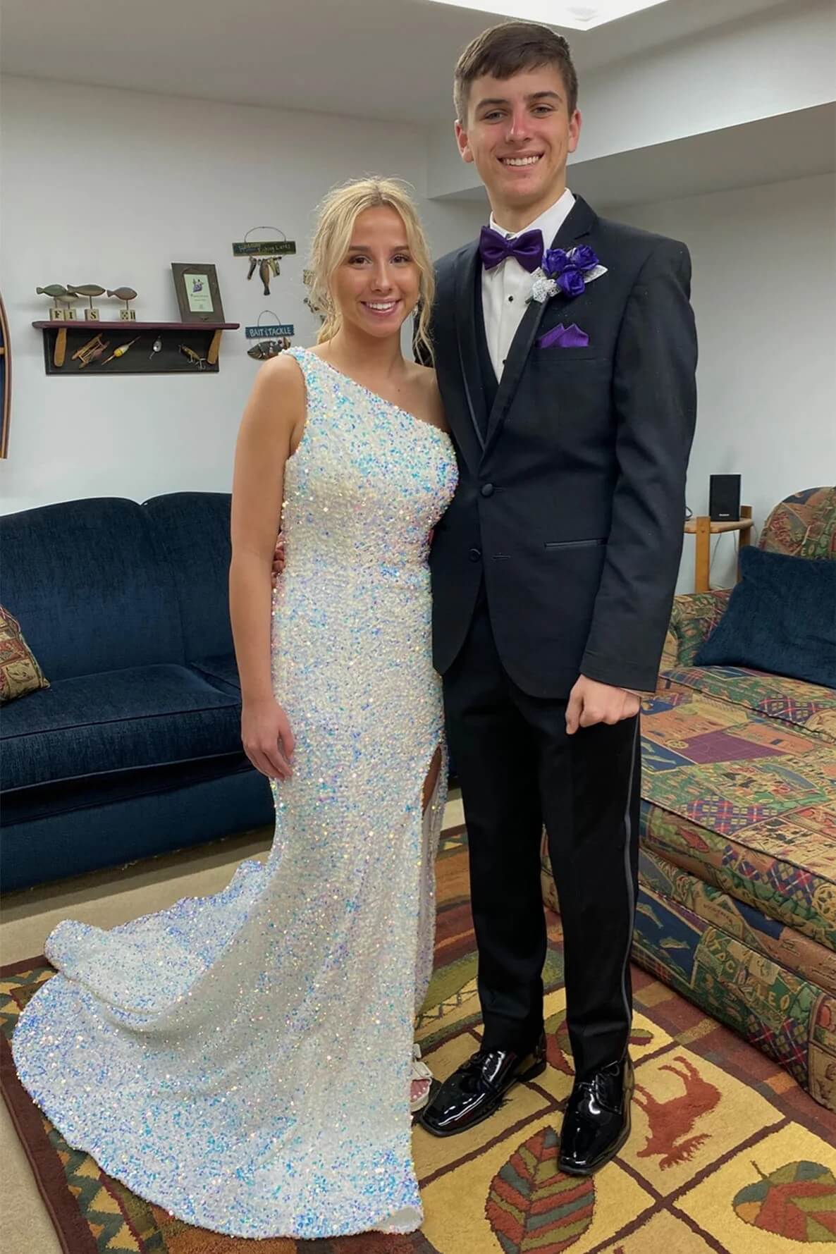 Iridescent Sequin One Shoulder Mermaid Evening Gown - Long Formal Dress with High Slit for Prom, Gala & Special Occasions