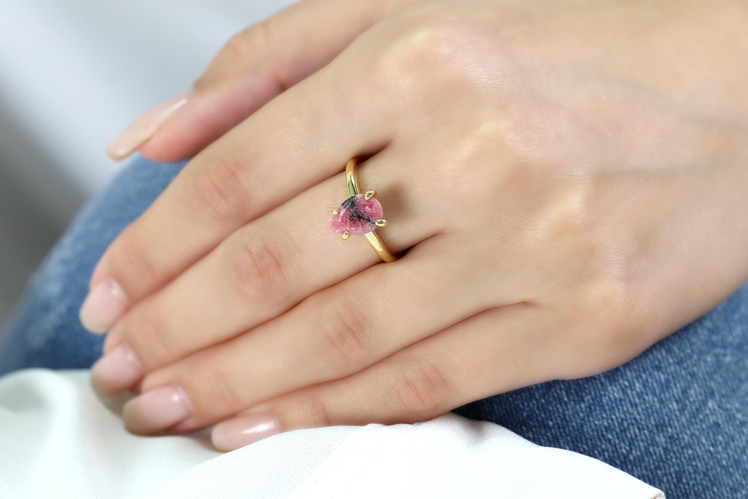 Handmade Rhodonite Gold Ring for Women - Custom Pear Engagement & Promise Ring - Vintage Jewelry for Everyday Wear