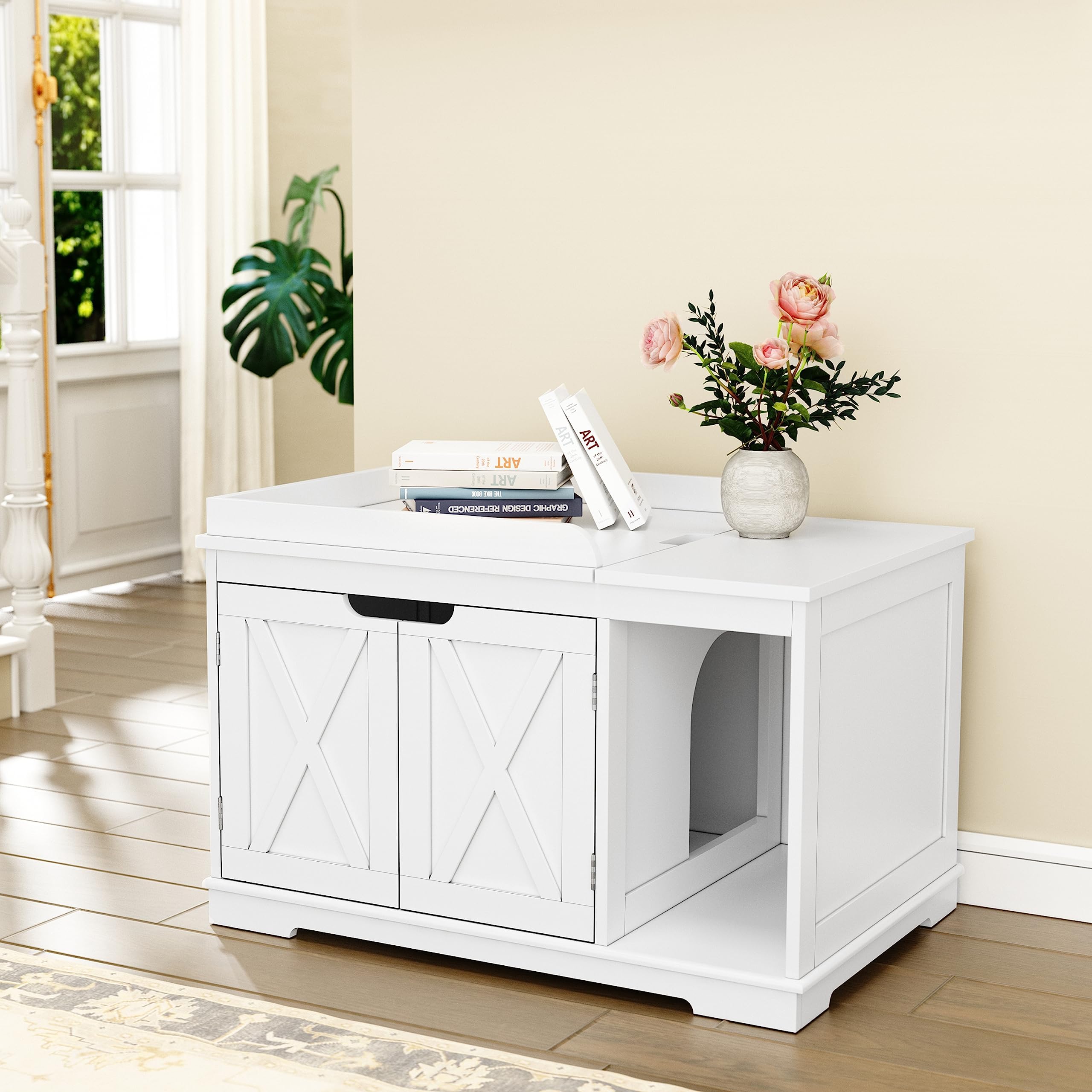 Flip Top Covered Cat Litter Box Enclosure - Hidden Wooden Furniture Style Cat Washroom Cabinet for Medium & Large Cats - White | Perfect for Home, Apartment & Pet-Friendly Spaces