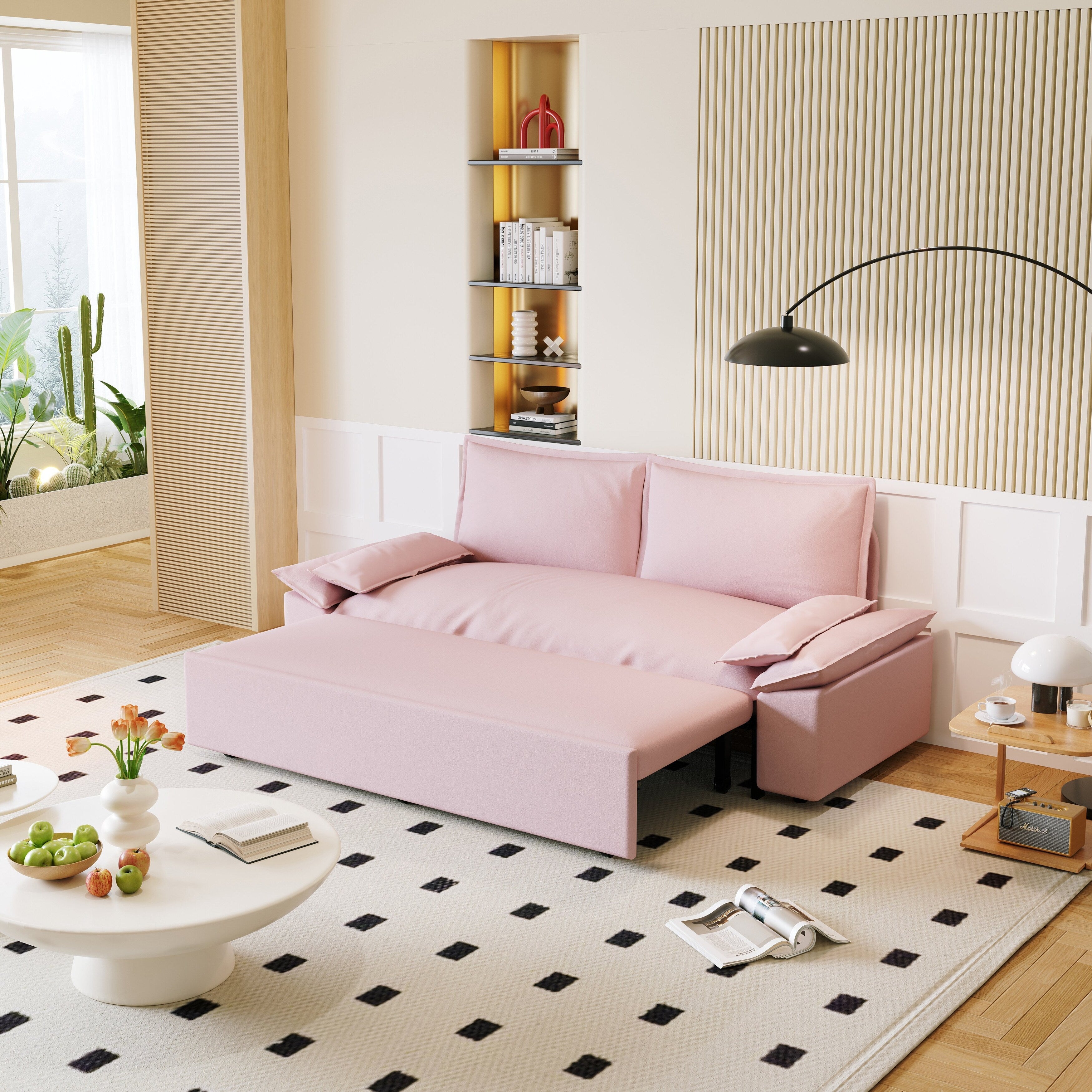 3 in 1 Convertible Sleeper Sofa Bed - Queen Size Pull Out Couch with Velvet Upholstery & Pillows - Perfect for Small Spaces, Guest Rooms & Apartments