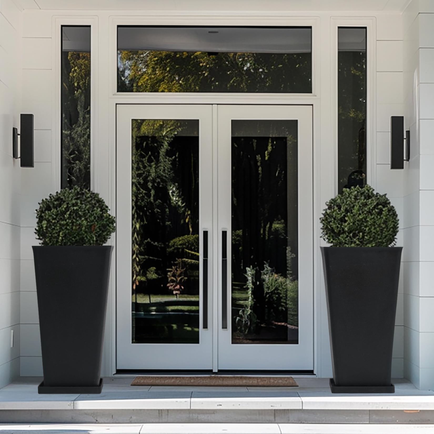 LA JOLIE MUSE 30 Inch Tall Black Planters - Set of 2 Indoor/Outdoor Rectangular Large Flower Pots with V-Shaped Taper Design - Perfect for Front Door Decor, Patio, Garden, and Home Entrance Greenery Display