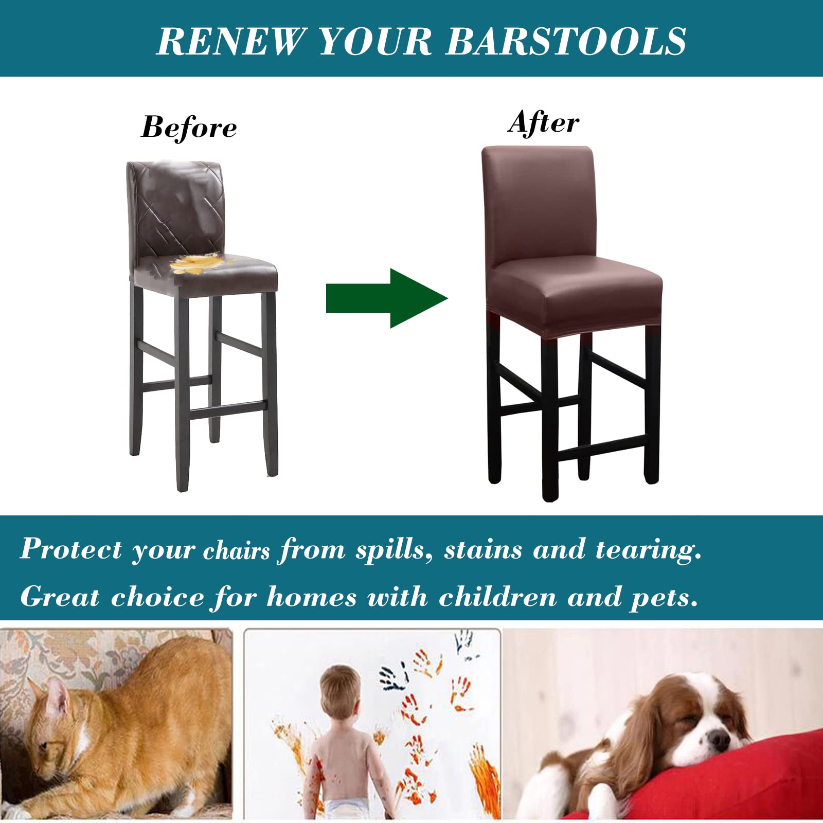 2 Pack Stretch Waterproof PU Bar Stool Covers with Backs - Durable Slipcovers for Pub, Counter & Coffee Shop Stools - Perfect for Home, Restaurant & Commercial Use