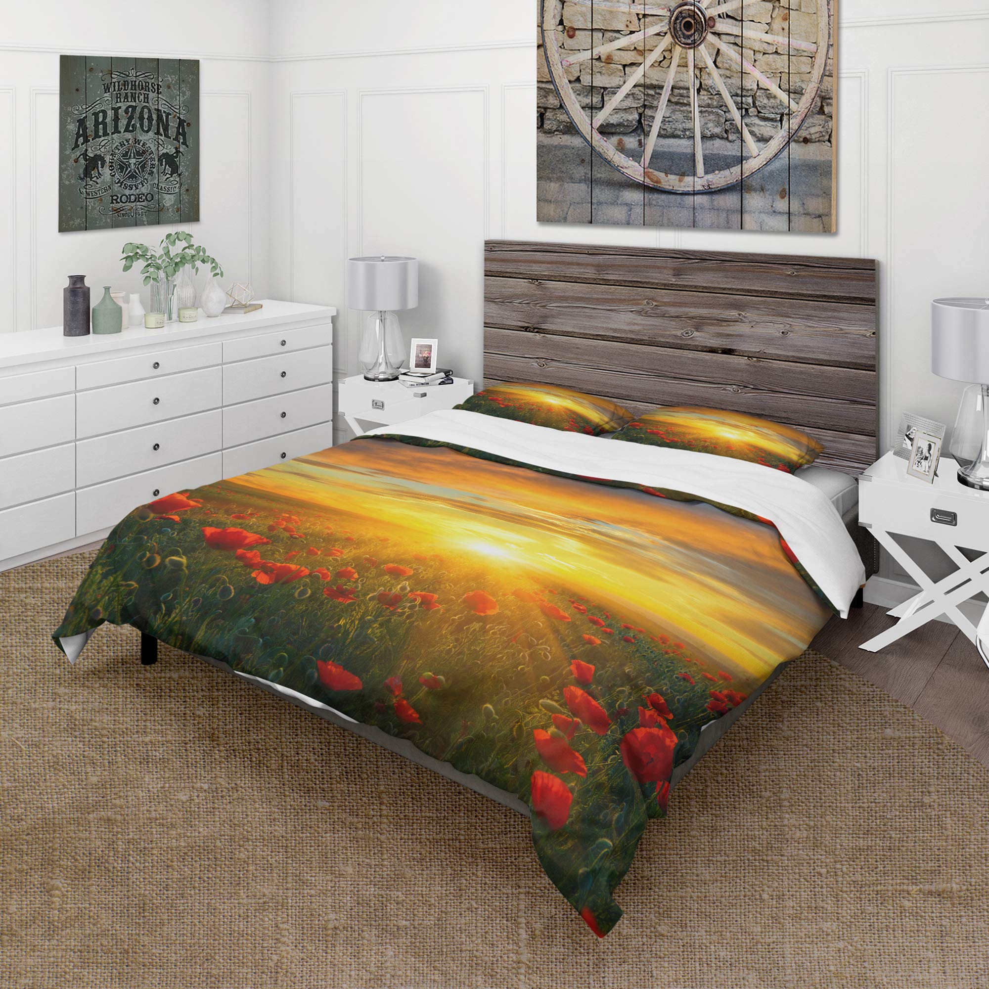 DesignQ Bright New Day Over Poppy Fields Nautical & Coastal Duvet Cover Set - King Size Red Floral Bedding 3-Piece Set | All Season Comfort for Coastal Themed Bedrooms & Guest Rooms