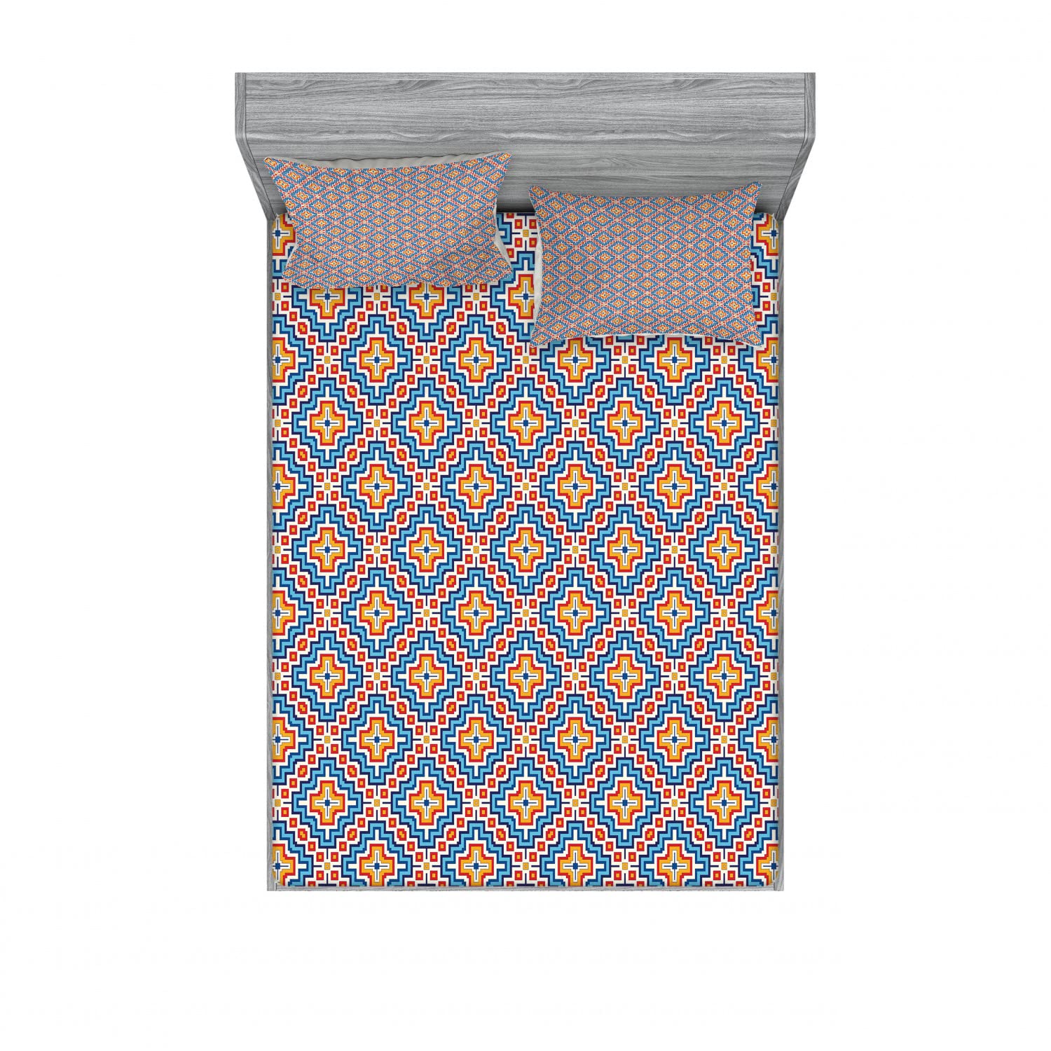 Ambesonne Aztec 2-Pack Full Size Fitted Sheet Set with 4 Pillow Shams - Classic Medieval Pattern Bedding in Apricot Red & Sky Blue - Soft Wrinkle-Resistant Sheets for Guest Rooms, Dorms & Bohemian Bedroom Decor