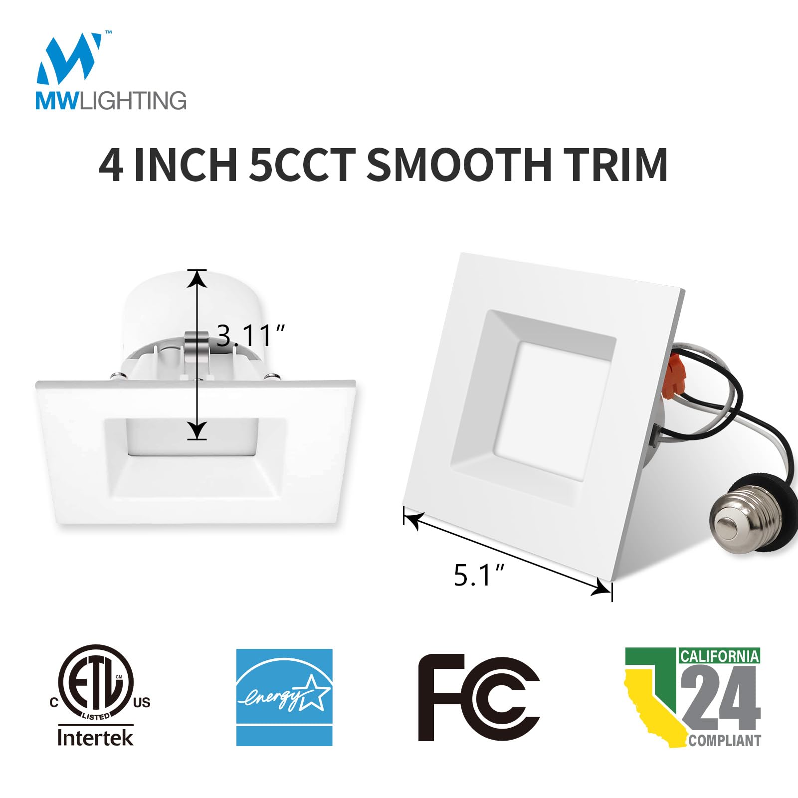 6 Pack 4 Inch 5 CCT Selectable Color Temperature LED Square Recessed Downlight - Retrofit LED Can Lights, 75W Incandescent Equivalent, 750LM, Energy Star Certified - Perfect for Kitchens, Living Rooms & Bedrooms