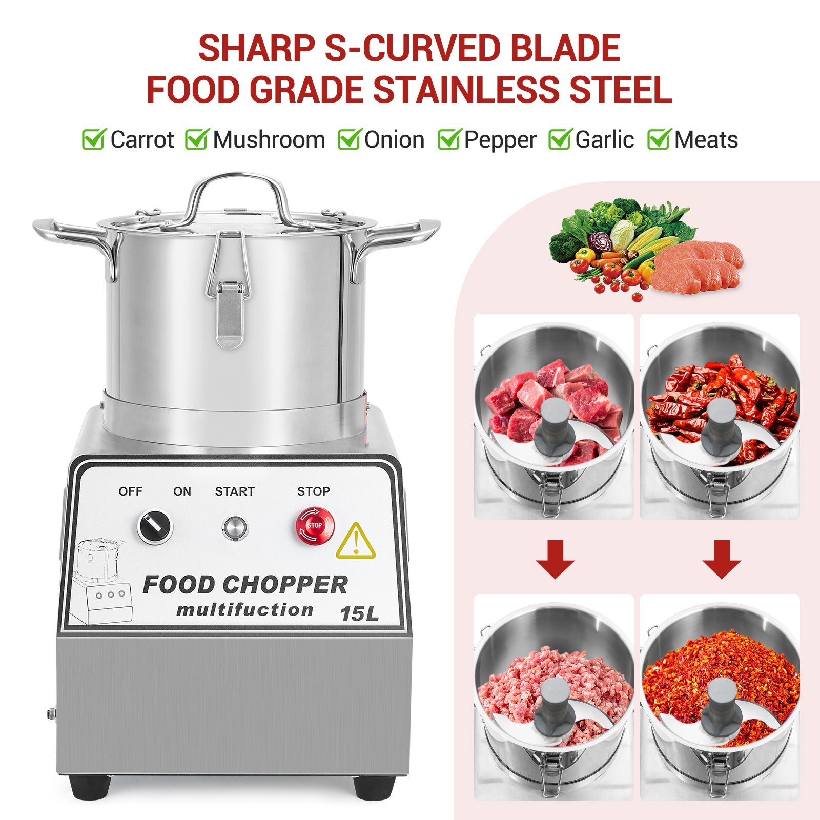 GARVEE 1400W Commercial Food Processor - 63 Cup Electric Vegetable Chopper & Meat Grinder with Stainless Steel Blades - Multi-Functional Kitchen Appliance for Slicing, Dicing, Grinding - Includes Gloves & Brush - 110V - Perfect for Restaurants, Catering & Home Cooking