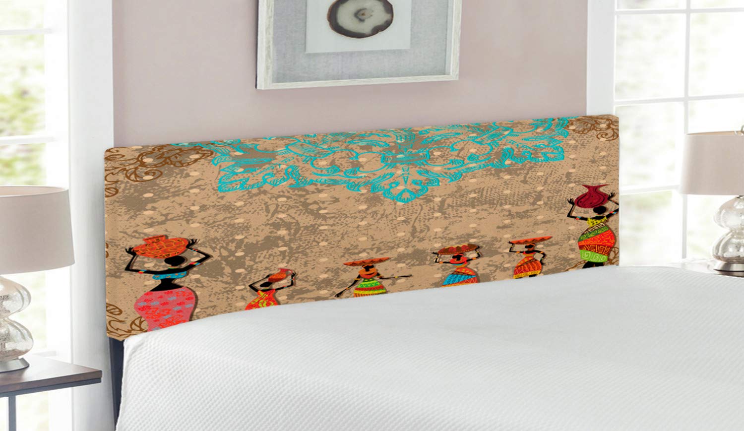 Ambesonne African Headboard - Vintage Boho Folkloric Design with Girls Carrying Pots, Upholstered Metal Bed Headboard with Memory Foam, Queen Size in Seafoam Cocoa - Perfect for Bohemian Bedroom Decor & Guest Room Accent