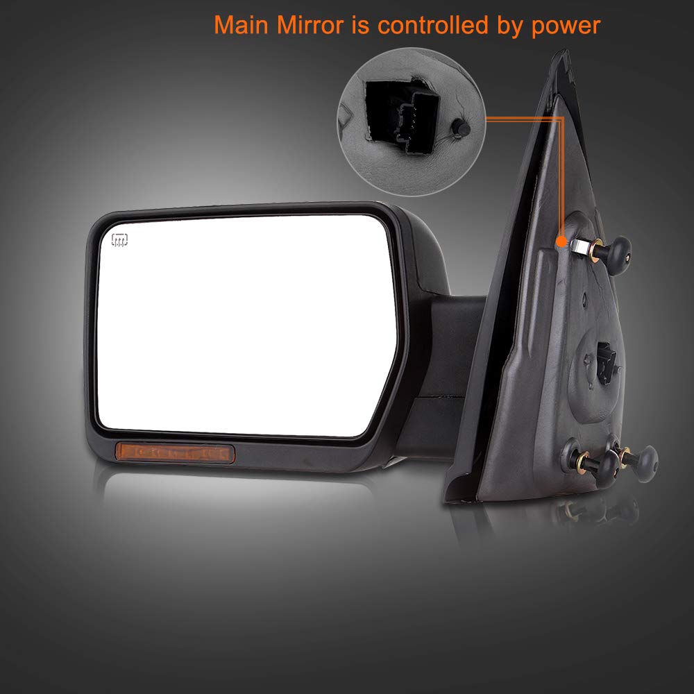 ROADFAR Power Heated Towing Mirrors for 2004-2014 Ford F150 Pickup - Left & Right Side Mirrors with Turn Signal, Puddle Light & Chrome Housing | Perfect for Towing, Off-Roading & Night Driving