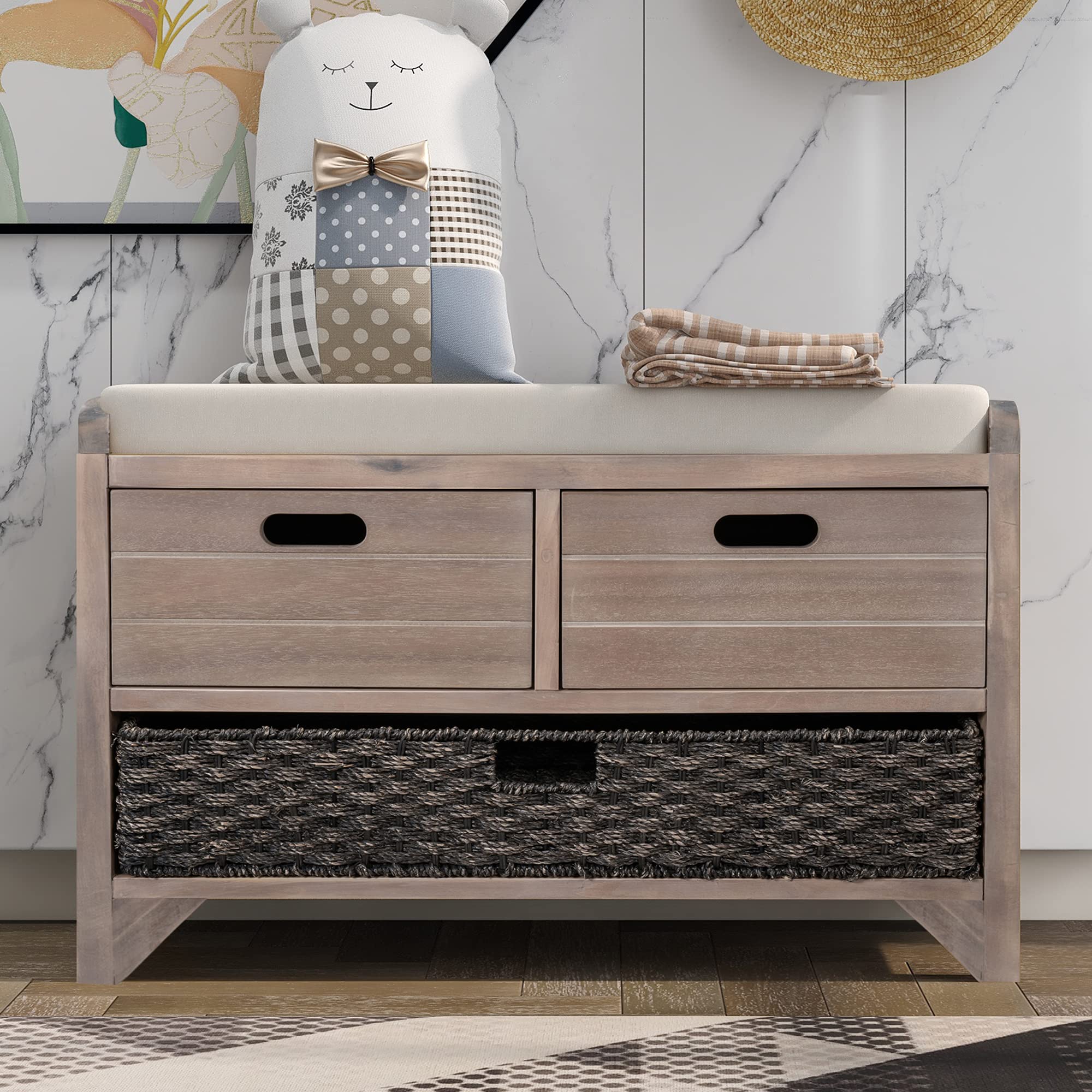 P PURLOVE Wooden Entryway Storage Bench with Removable Cushion & Baskets, 2-Drawer Shoe Bench for Hallway, Living Room - Perfect for Organizing Shoes, Blankets & Home Decor (Fully Assembled)