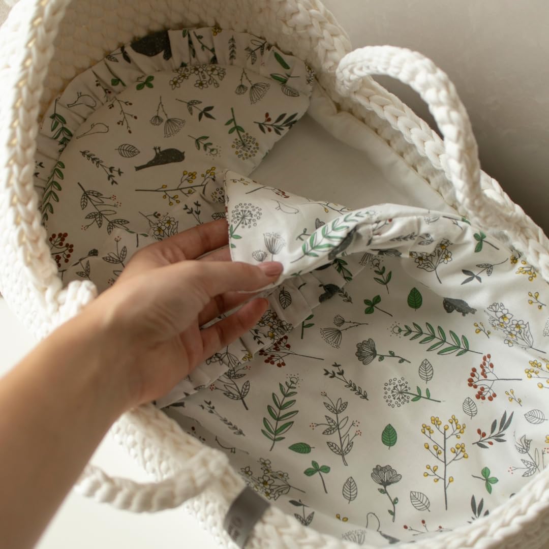 **White Boho Doll Bassinet with Round Hood & Rocking Stand - Baby Doll Crib, Pretend Play Toy Carrycot, Crochet Doll Basket for Nursery Decor & Imaginative Play**