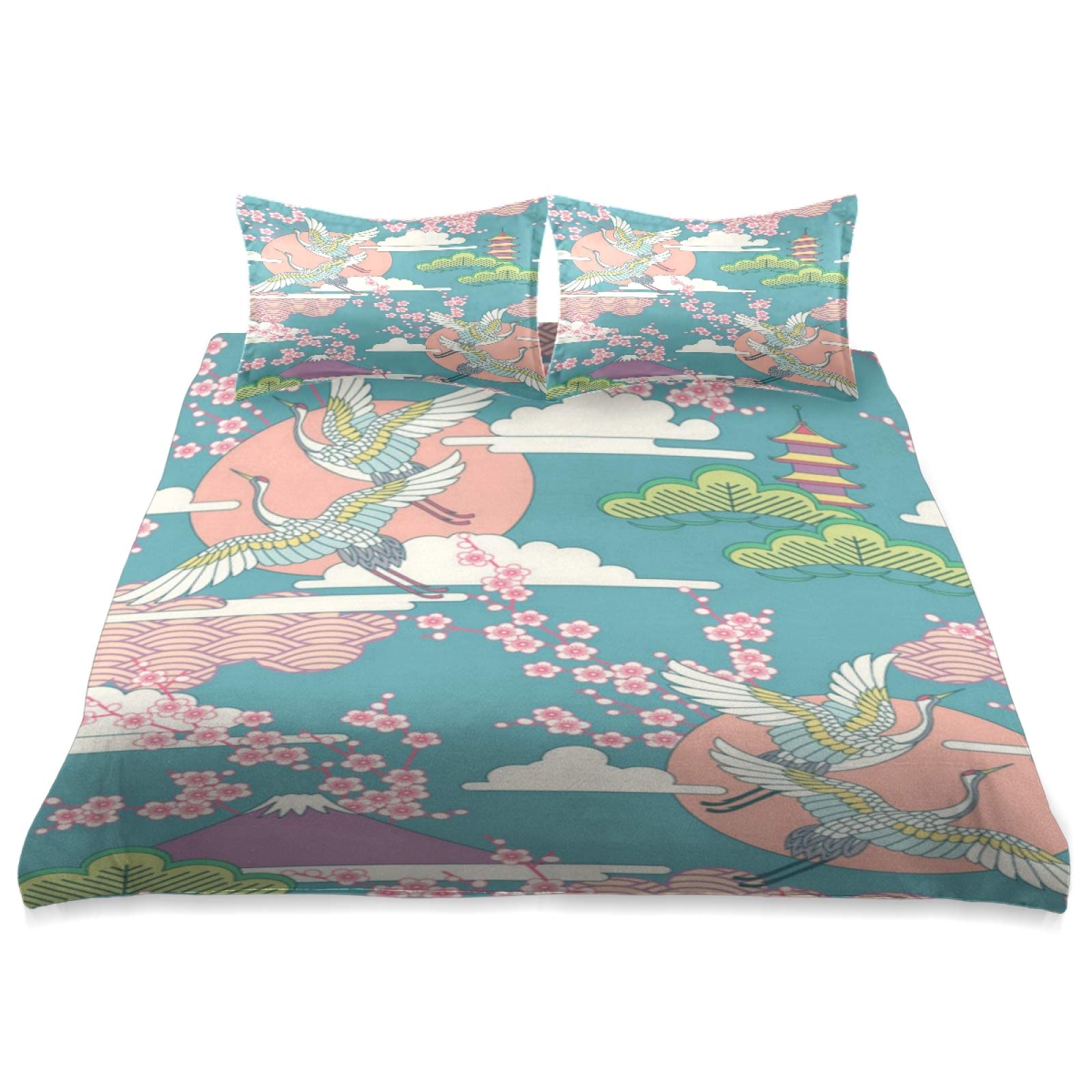 Japanese Crane Cherry Blossom King Size Comforter Cover Set - 3 Piece Soft All Season Bedding (90