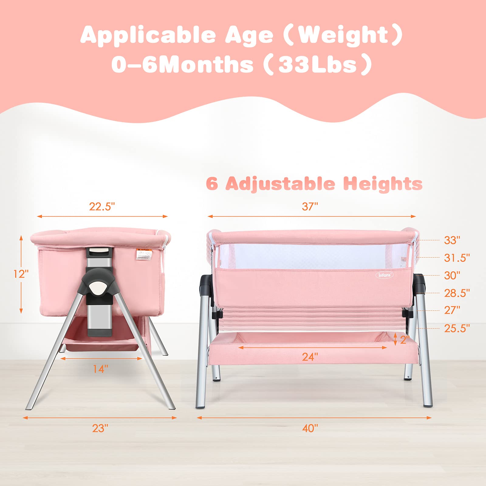 INFANS Baby Bassinet Bedside Crib - Portable Newborn Sleeper with Large Storage Basket, Adjustable Height & Breathable Mesh - Detachable Washable Mattress & Safety Straps - Perfect for Nursery, Bedroom & Travel (Pink)