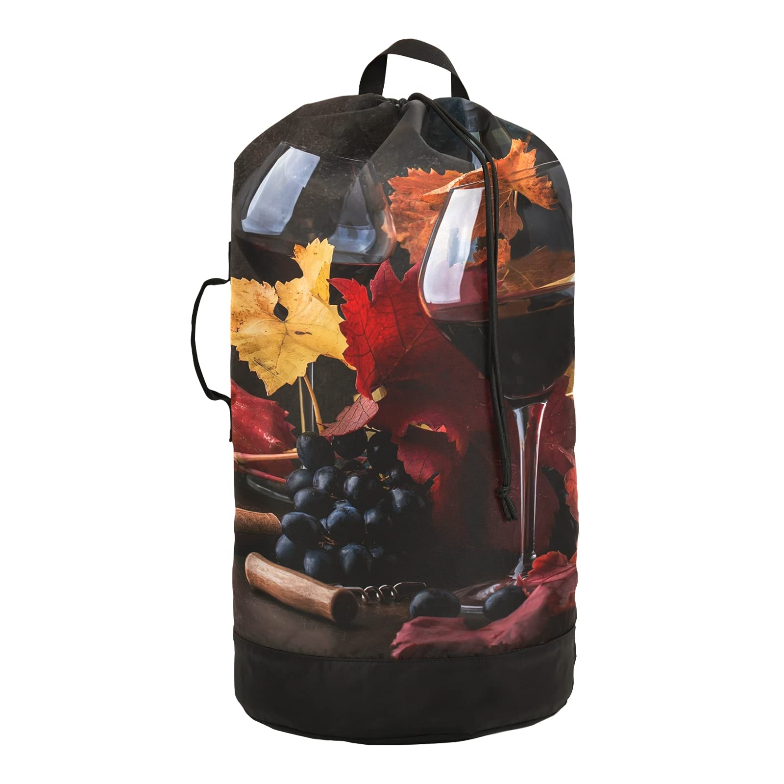 Rustic Style Autumn Fallen Leaves Wine Glass Print Laundry Bag - Adjustable Shoulder Straps & Drawstring Closure, Dorm Travel Hamper Basket for Dirty Clothes, Toy Storage (Perfect for College Dorm, Camping Trips & Laundry Room Organization)