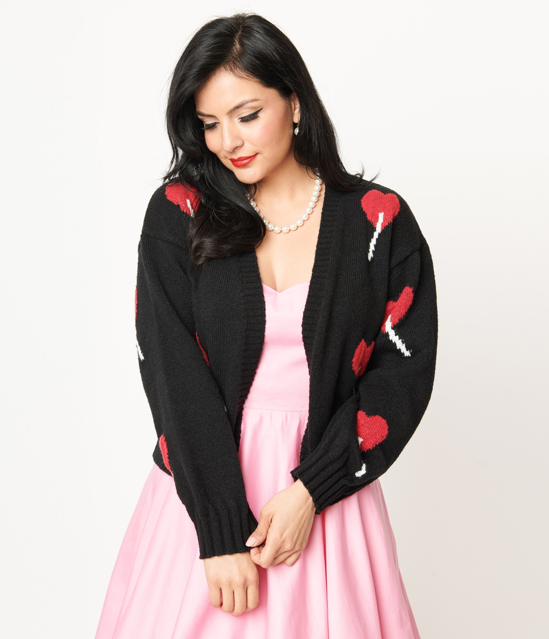 Magnolia Place Black Heart Lollipop Open Cardigan - Women's Stylish Lace-Up Knit Sweater for Casual Wear & Date Night Outfits