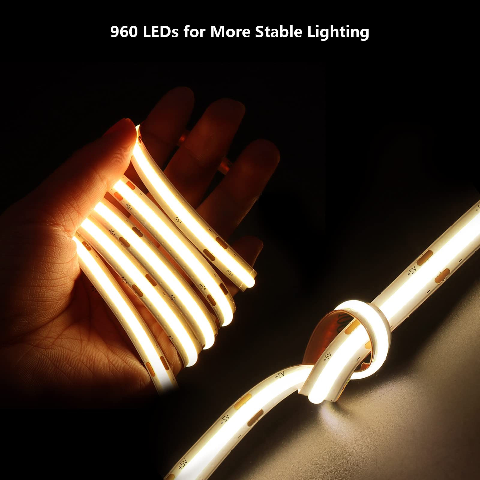 COB LED Strip Lights 10Ft 960 LEDs USB Powered - Dimmable White Rope Lights for Bedroom, TV Backlight, Living Room & Kitchen (4000K Warm White) - Perfect for Home Decor, Ambient Lighting & DIY Projects