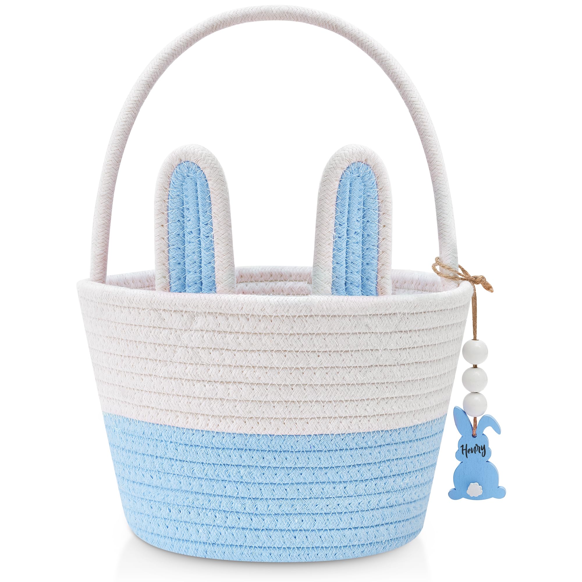 Personalized Blue Bunny Easter Basket for Kids - Large Woven Rope Basket with Handle & Tags | Easter Gift for Boys, Girls, Babies & Toddlers | Perfect for Easter Egg Hunts, Party Favors & Spring Decorations