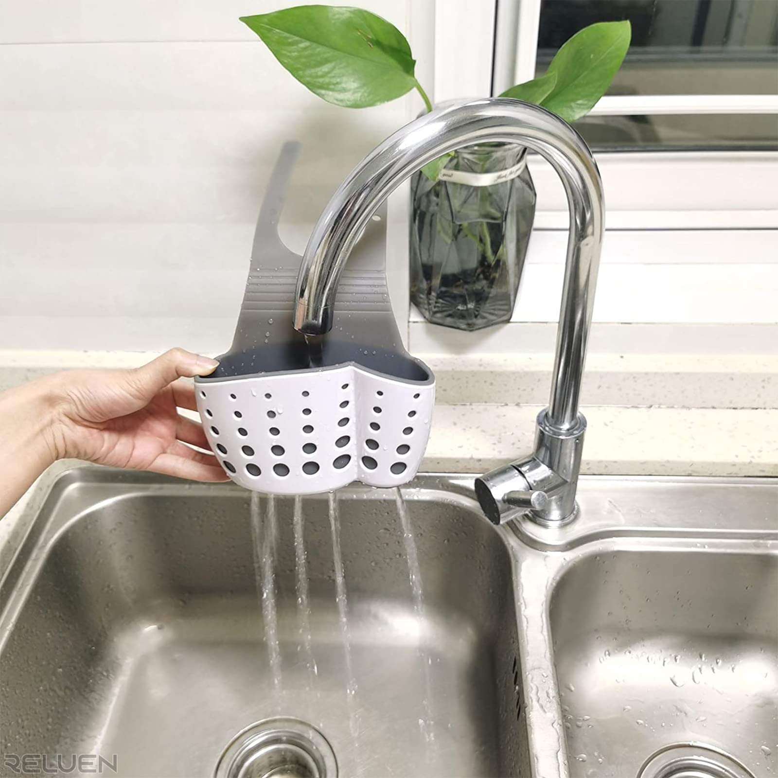 Adjustable Silicone Sponge and Soap Holder for Kitchen Sink - Over the Faucet Hanging Organizer with Strap - Durable Sink Caddy for Sponges and Dish Soap - Perfect for Kitchen Organization and Cleaning Accessories Storage