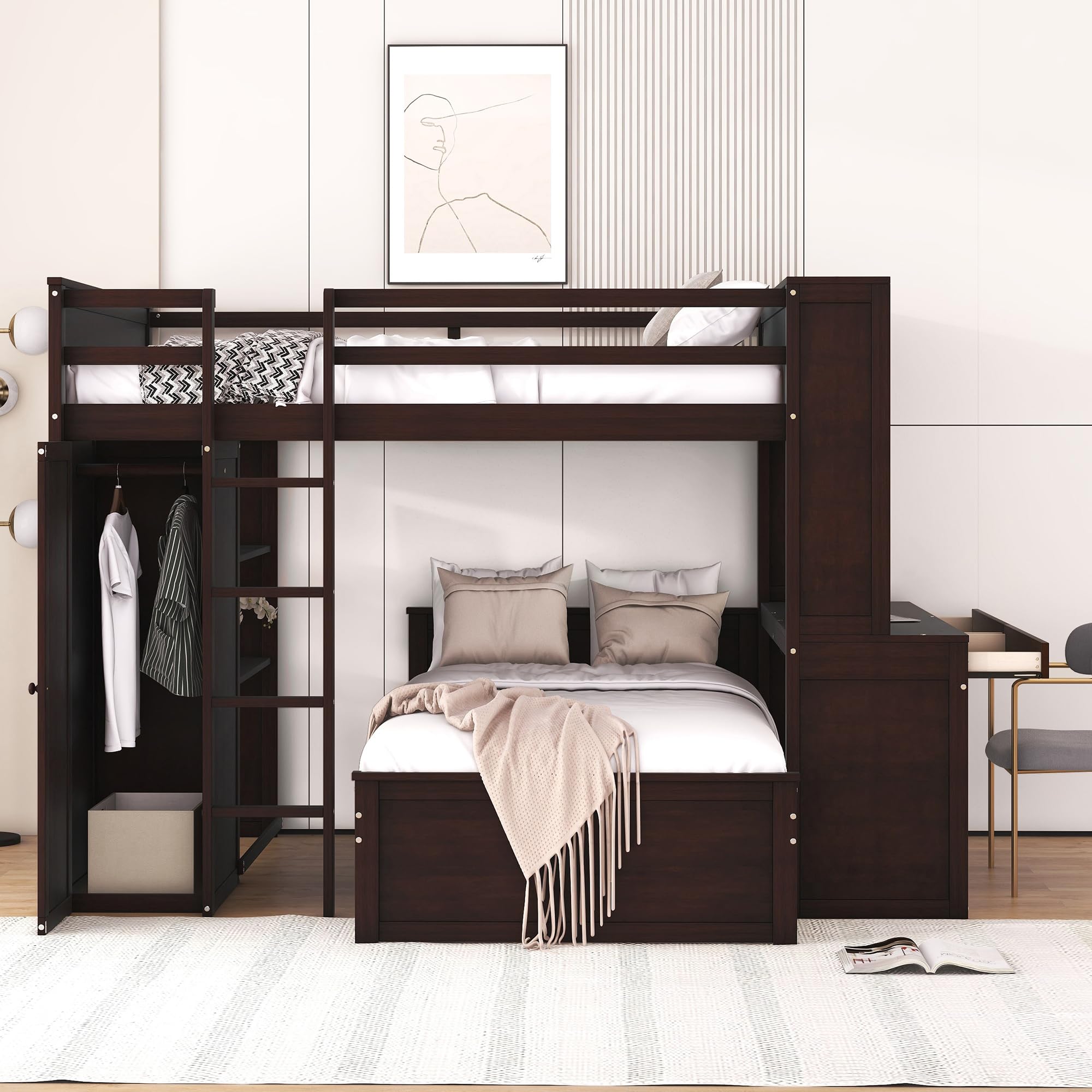 P PURLOVE Full Loft Bed with Desk for Kids - Twin Over Twin Bunk Bed with Wardrobe, Storage Drawers & Bookcase - Multifunctional Wooden Loft Bed Frame for Small Spaces - Perfect for Bedroom, Dorm Room or Kids' Room Organization