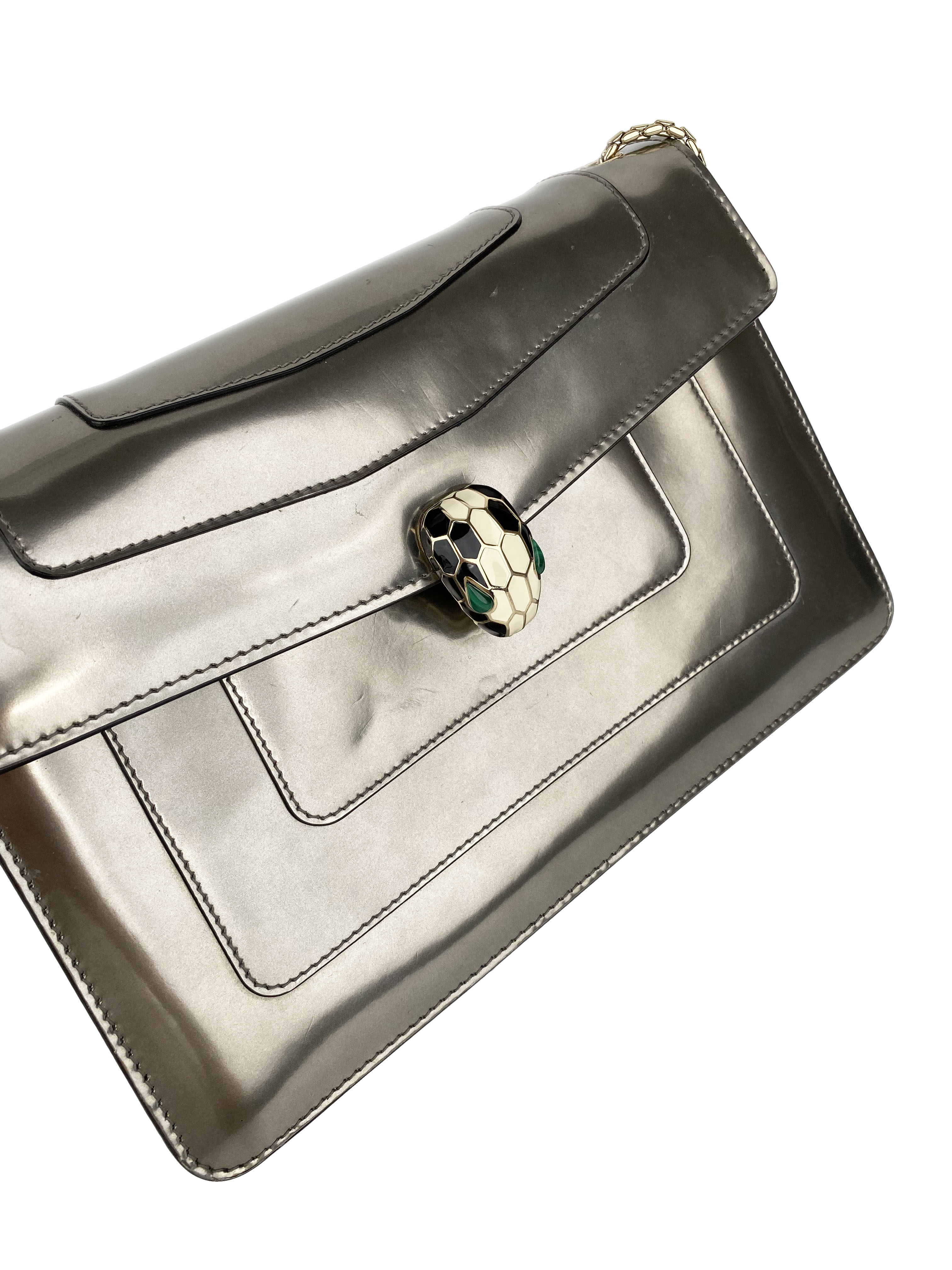 Bvlgari Serpenti Forever Silver Leather Shoulder Bag for Women | Luxury Designer Handbag for Evening Parties, Date Night & Special Occasions