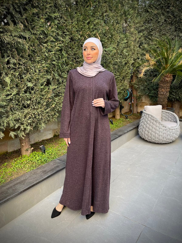 Winter Wool Abaya with Chevron Embroidery - Modest Islamic Dress for Women - Perfect for Prayer, Special Occasions & Cold Weather Wear