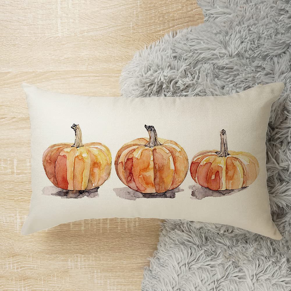 GTEXT 20x12 Inch Farmhouse Pillow Covers - Fall Pumpkin Print Cotton Linen Cushion Covers for Sofa, Couch & Home Decor - Country Style Decorative Throw Pillow Cases (Perfect for Autumn, Thanksgiving & Farmhouse Living Room Decor)