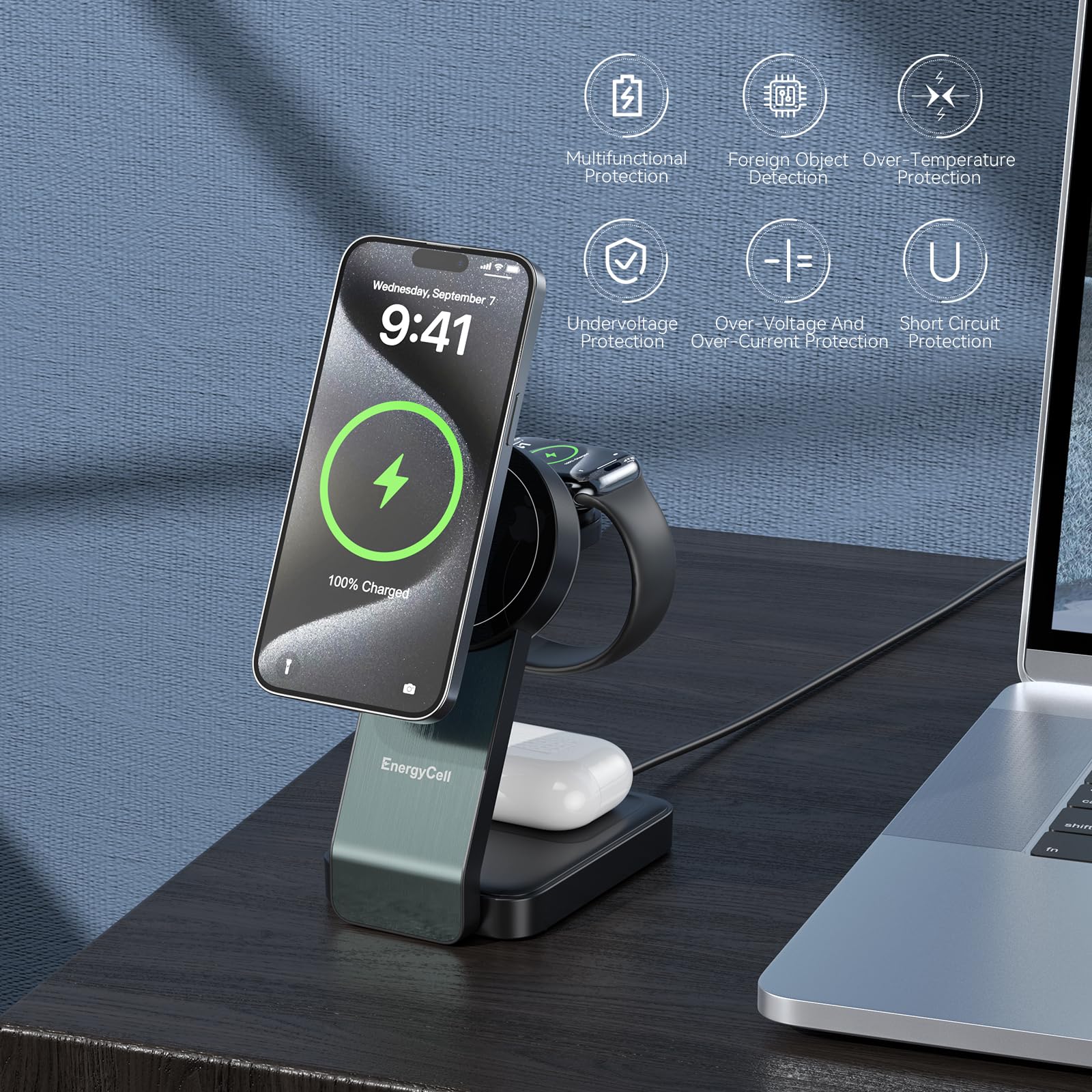 3-in-1 Magnetic Wireless Charging Station for iPhone 16/15/14/13/12 Series, Apple Watch & AirPods - Qi2 Certified 15W Fast Charger Stand with Foldable Design (Black) - Perfect for Home, Office & Travel Charging Needs