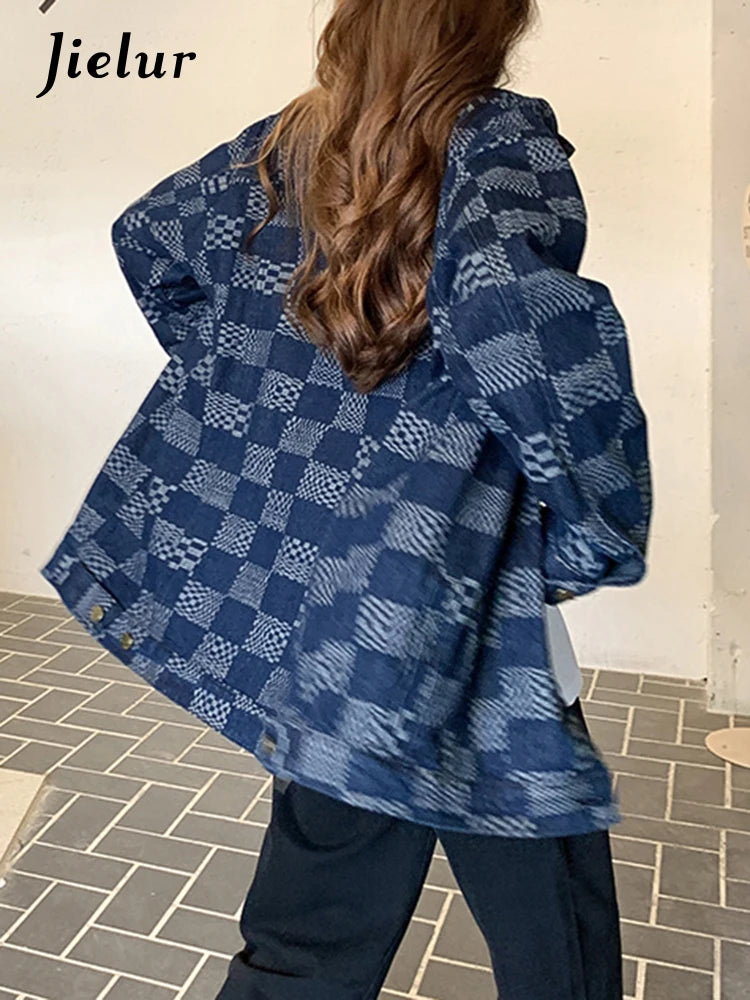 Stylish Women's Autumn Korean Fashion Denim Jacket - Loose Fit Retro Blue Black Plaid Checkerboard Coat for Casual Outings and Layering