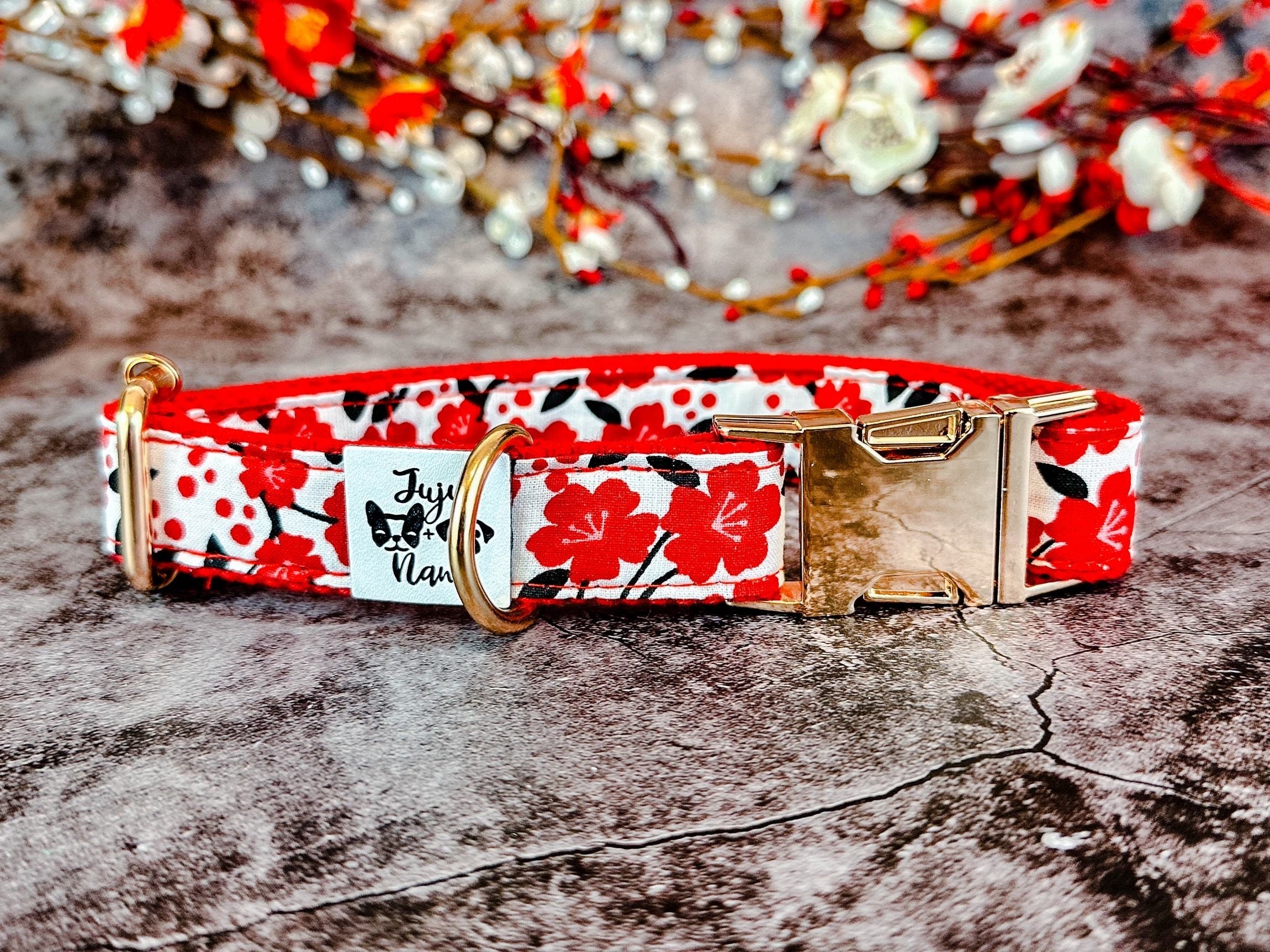 Premium Dog Collar with Red Plum Design - Durable & Adjustable Pet Collar for Small Medium Large Dogs - Perfect for Walks, Training & Outdoor Adventures