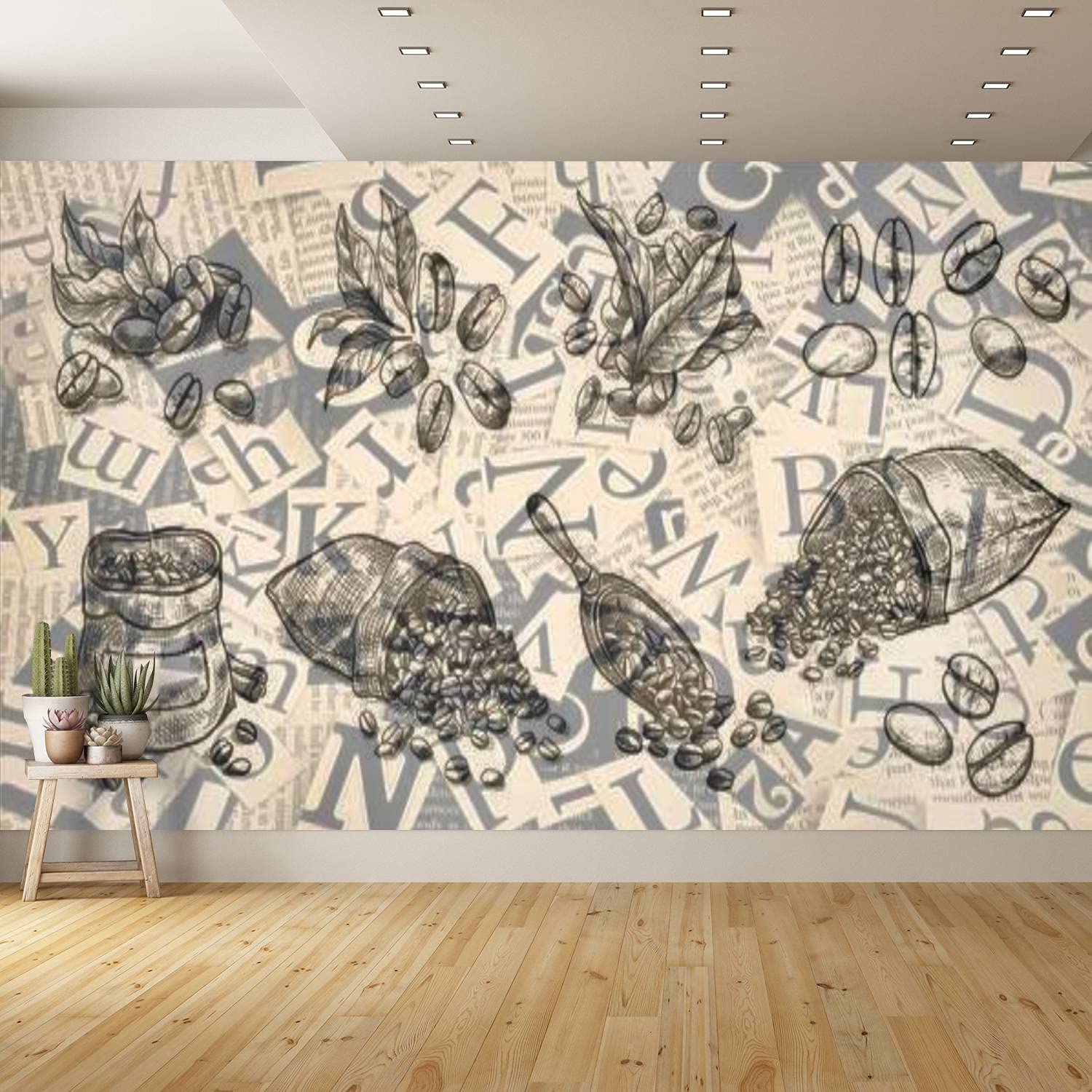 Removable Peel and Stick Wallpaper - Coffee Beans in Bag Hand Drawn Black & White Graphic Design, Self-Adhesive Canvas Wallpaper for Bedroom, Kitchen, Bathroom Decor | Perfect for Home, Office, and Cafe Interior Design