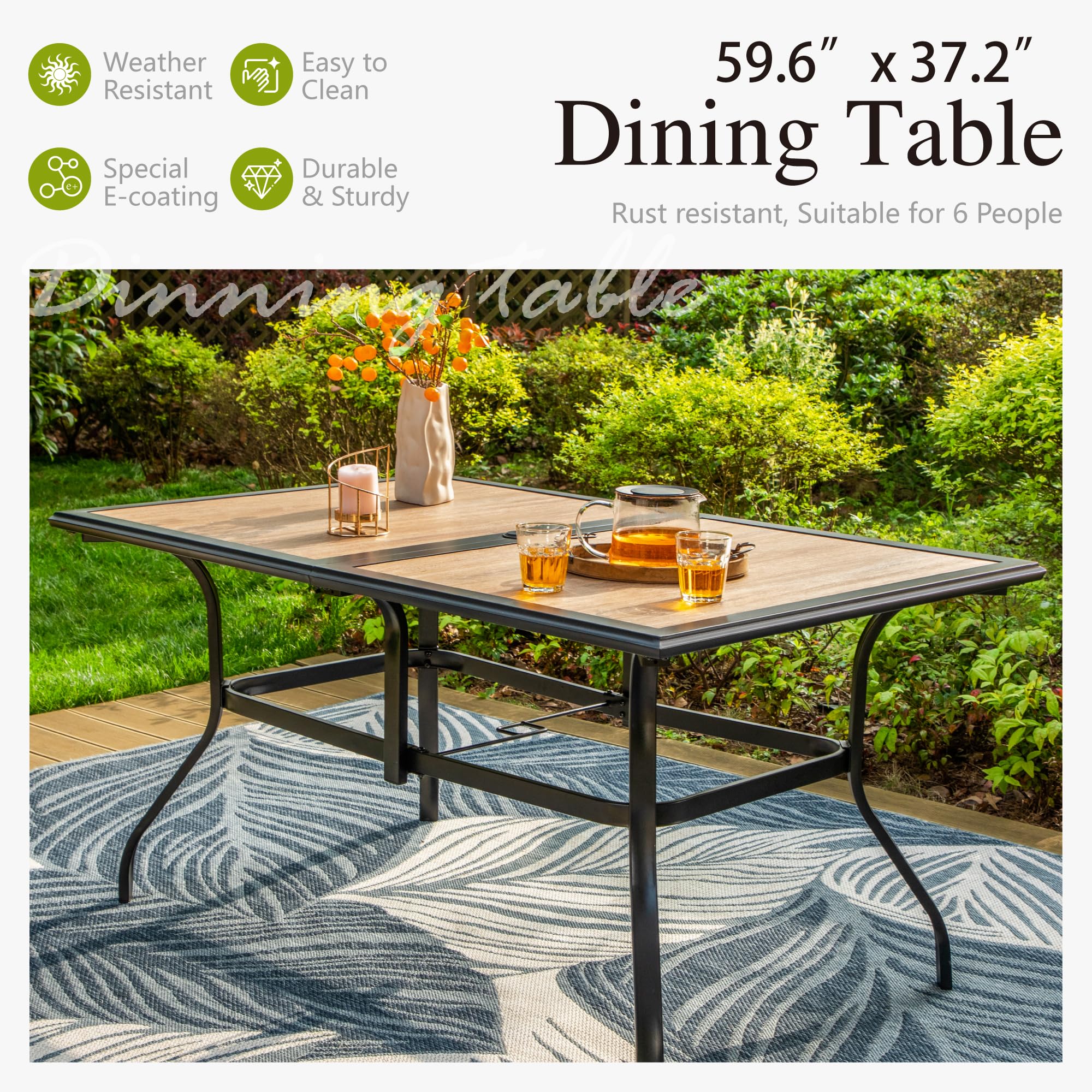 Sophia & William 6-Person Outdoor Dining Table - Rectangular Patio Table with Weather-Resistant Faux Wood Tabletop & Sturdy Steel Frame - Adjustable Umbrella Hole (1.6