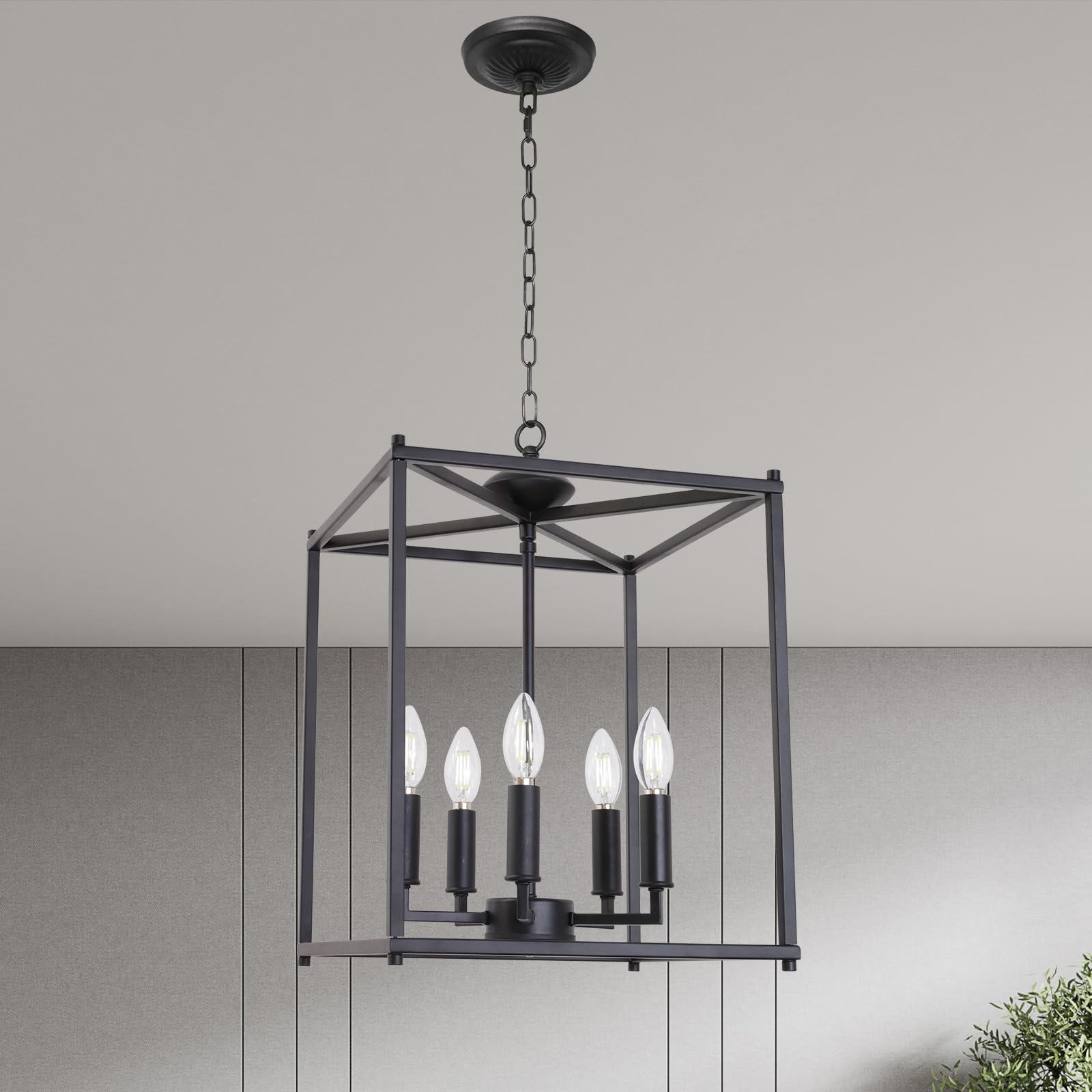 5-Light Farmhouse Chandelier - Matte Black Industrial Pendant Lighting Fixture for Dining Room, Porch & Entryway | Rustic Candle Lantern Ceiling Light for Home Decor