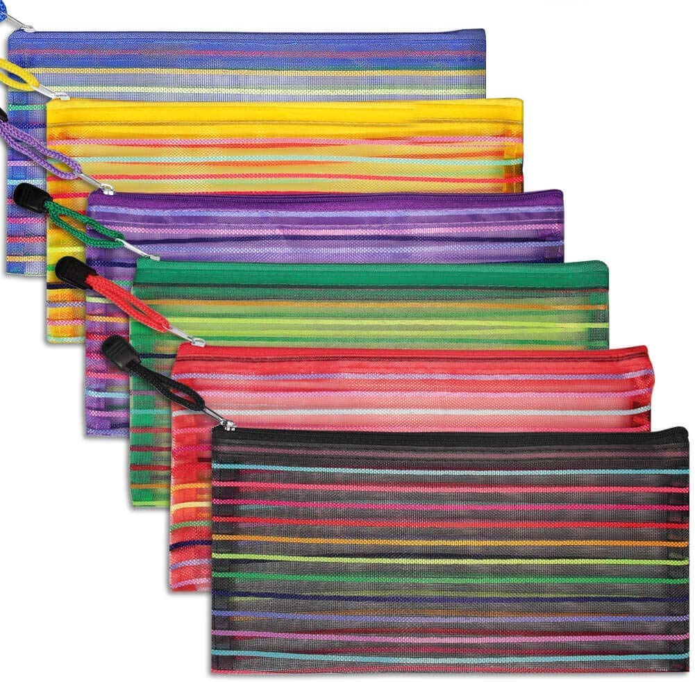 Selizo 6-Pack Mesh Zipper Pencil Cases - Durable Plastic Pencil Pouches for School, Office & Travel - Perfect for Organizing Pens, Cosmetics & Makeup Brushes (Ideal for Students, Professionals & Makeup Artists)