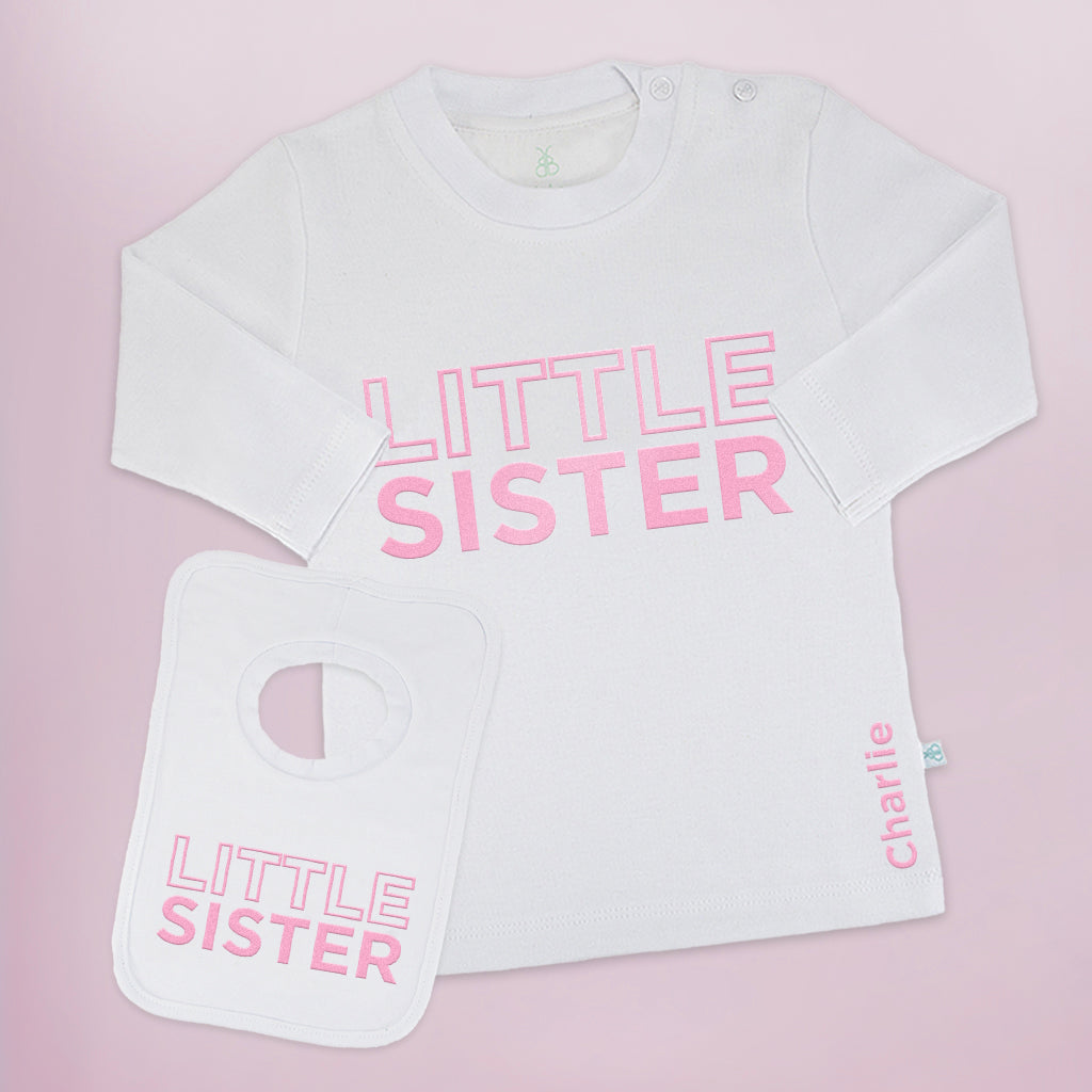 Custom Little Sister Long Sleeve T-Shirt & Bib Gift Set - Perfect for Birthdays, Baby Showers & Sibling Matching Outfits