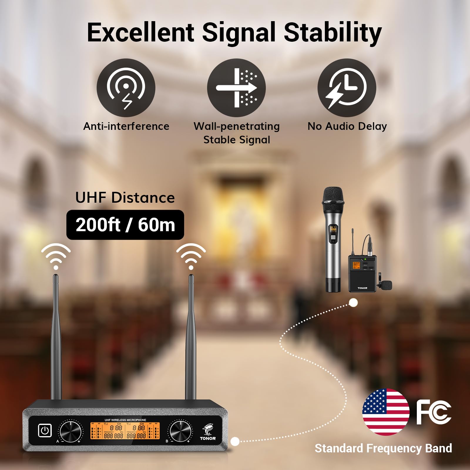 TONOR Wireless Microphone System - UHF Metal Headset, Lapel & Handheld Mics with Bodypack Transmitter & Receiver | 2x15 Channels, 200ft Range | Perfect for Karaoke, Church Services, Live Performances, DJ Events & Public Speaking