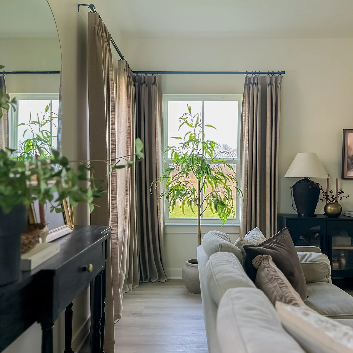 Pinch Pleated Blackout Curtains - 100% Linen Memory Trained Drapes in Khaki | Modern Custom Window Treatments for Light Control & Privacy | Perfect for Living Rooms, Bedrooms & Home Offices