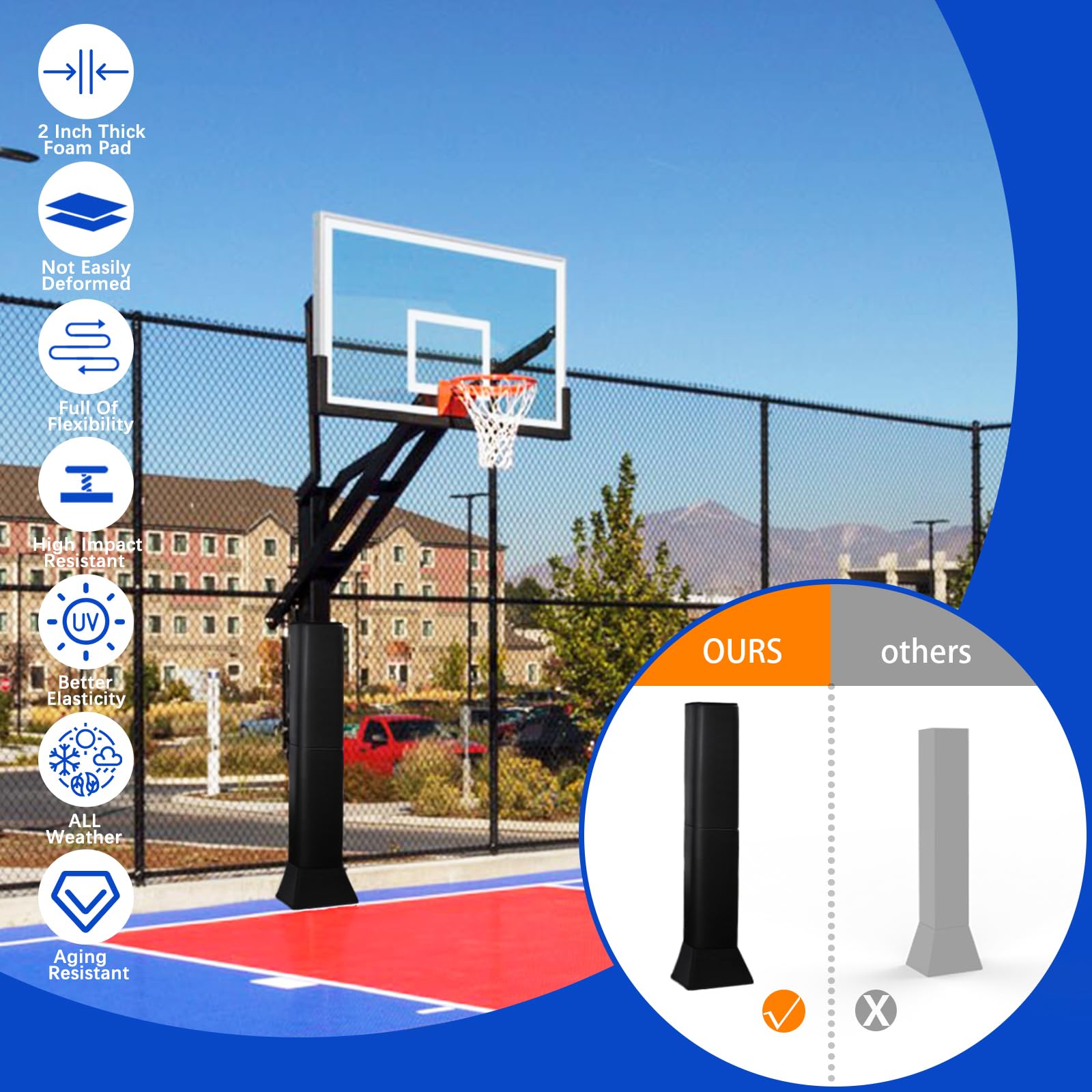 Heavy Duty Square Basketball Pole Padding - Waterproof & UV-Resistant Protection for 4x4, 5x5, 6x6, 6x8, 8x8 Outdoor Poles - Perfect for Driveways, Courts & Playground Safety