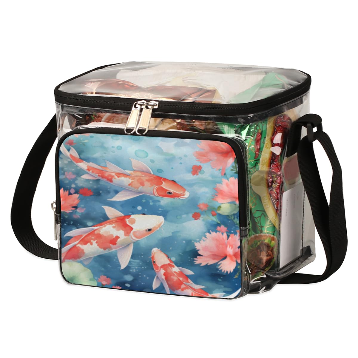 GzLeyigou Transparent Tote Bag with Red Koi Fish Design - Waterproof Clear Crossbody Shoulder Bag for Lunch, Beach, Picnic, Travel, Concerts & Sports Events | Stadium Approved Multipurpose Carryall