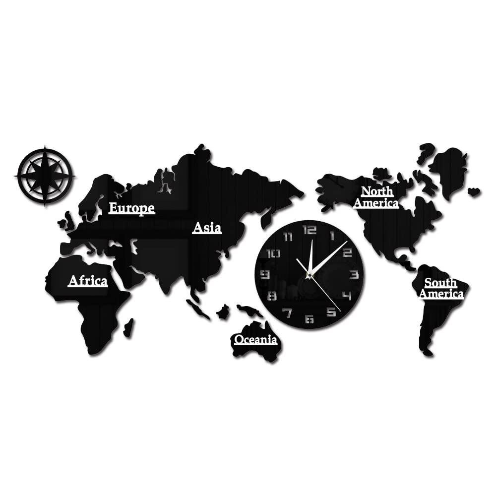 HEGZA World Map Wall Clock - Silent Non-Ticking Modern Home & Office Decor - Perfect for Living Room, Bedroom, Study or Travel-Themed Spaces