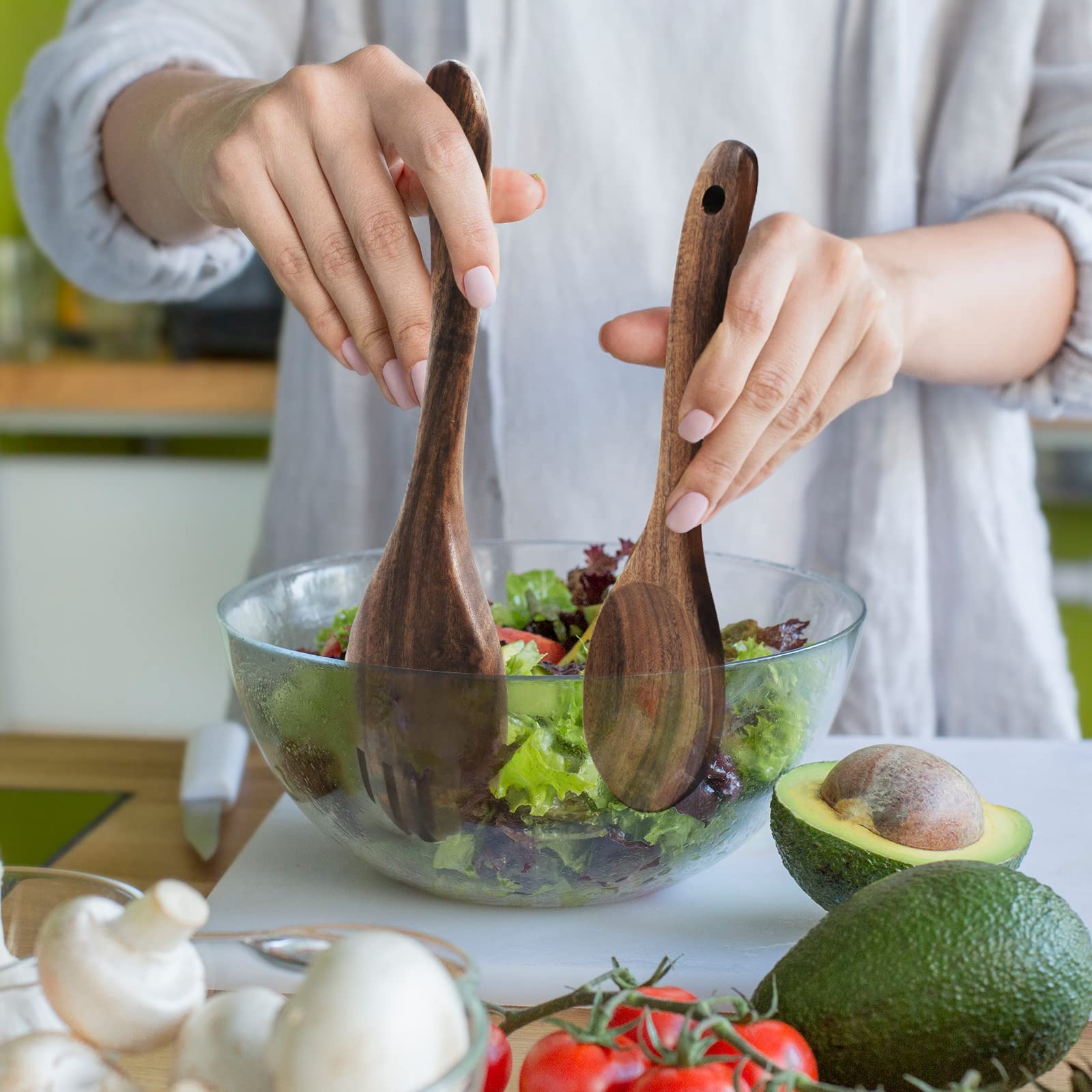 2PCS Acacia Wood Salad Servers Set - 10 Inch Long Handle Salad Tongs with Spoon & Fork - Natural Wooden Cooking Utensils for Kitchen, Mixing Bowls, Dinner Parties & Picnics