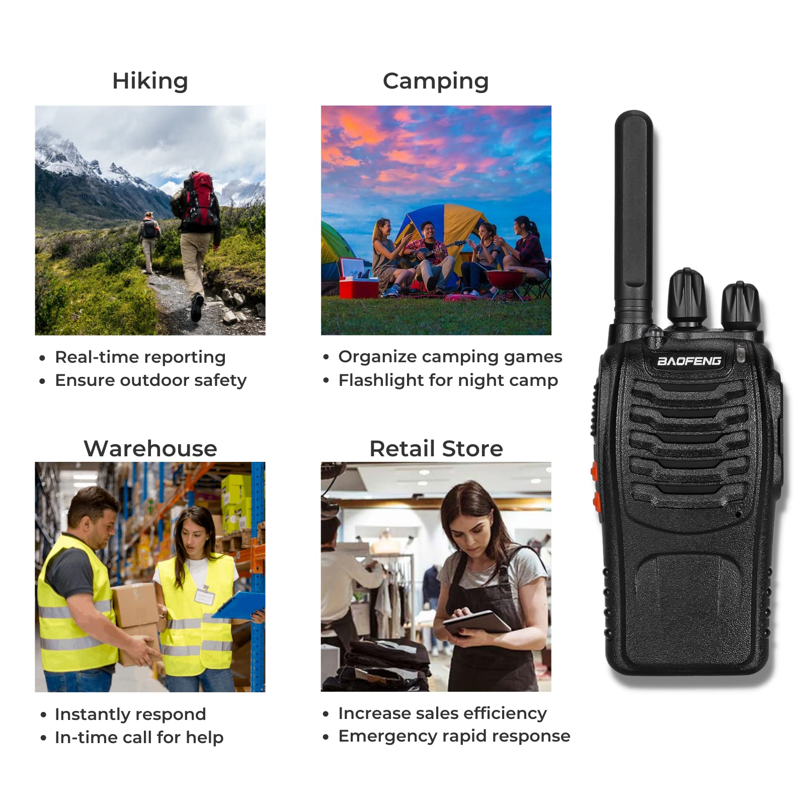 BAOFENG BF-88ST Long Range Walkie Talkies for Adults - 4 Pack Rechargeable Two Way Radios with VOX Hands-Free, USB Charging & Earpieces - Ideal for Outdoor Adventures, Construction Sites, and Event Coordination