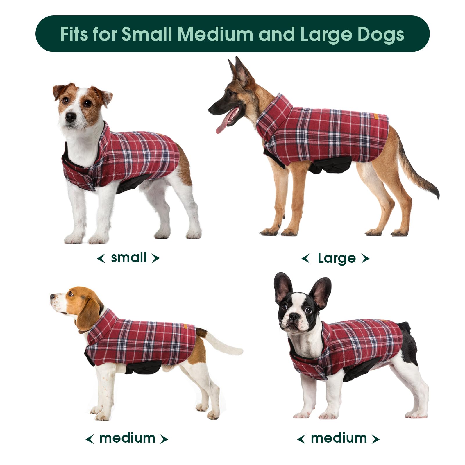 Kuoser Cozy Waterproof Windproof Reversible British Style Plaid Dog Vest - Winter Coat for Small Medium Large Dogs (XS-3XL) with Furry Collar - Warm Dog Apparel for Cold Weather - Perfect for Outdoor Walks, Winter Adventures & Holiday Photos - Red M