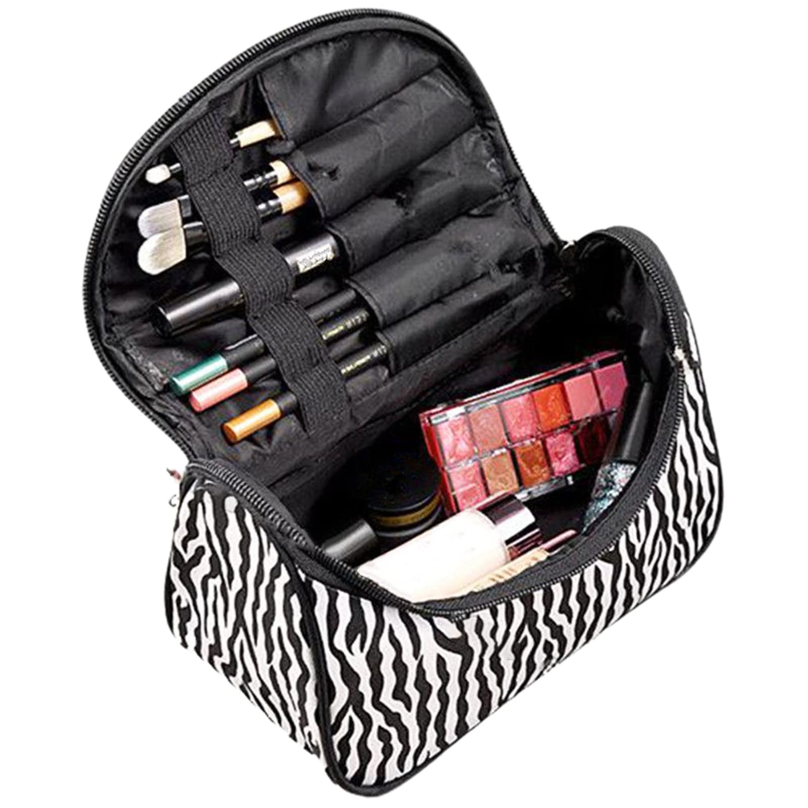 Waterproof Zebra Print Cosmetic Bag for Women - Nylon Makeup Organizer with Jewelry Pouch, Travel Toiletry Bag for Girls, Perfect Gift for Makeup Brushes & Digital Accessories | Ideal for Travel, Gym & Daily Use